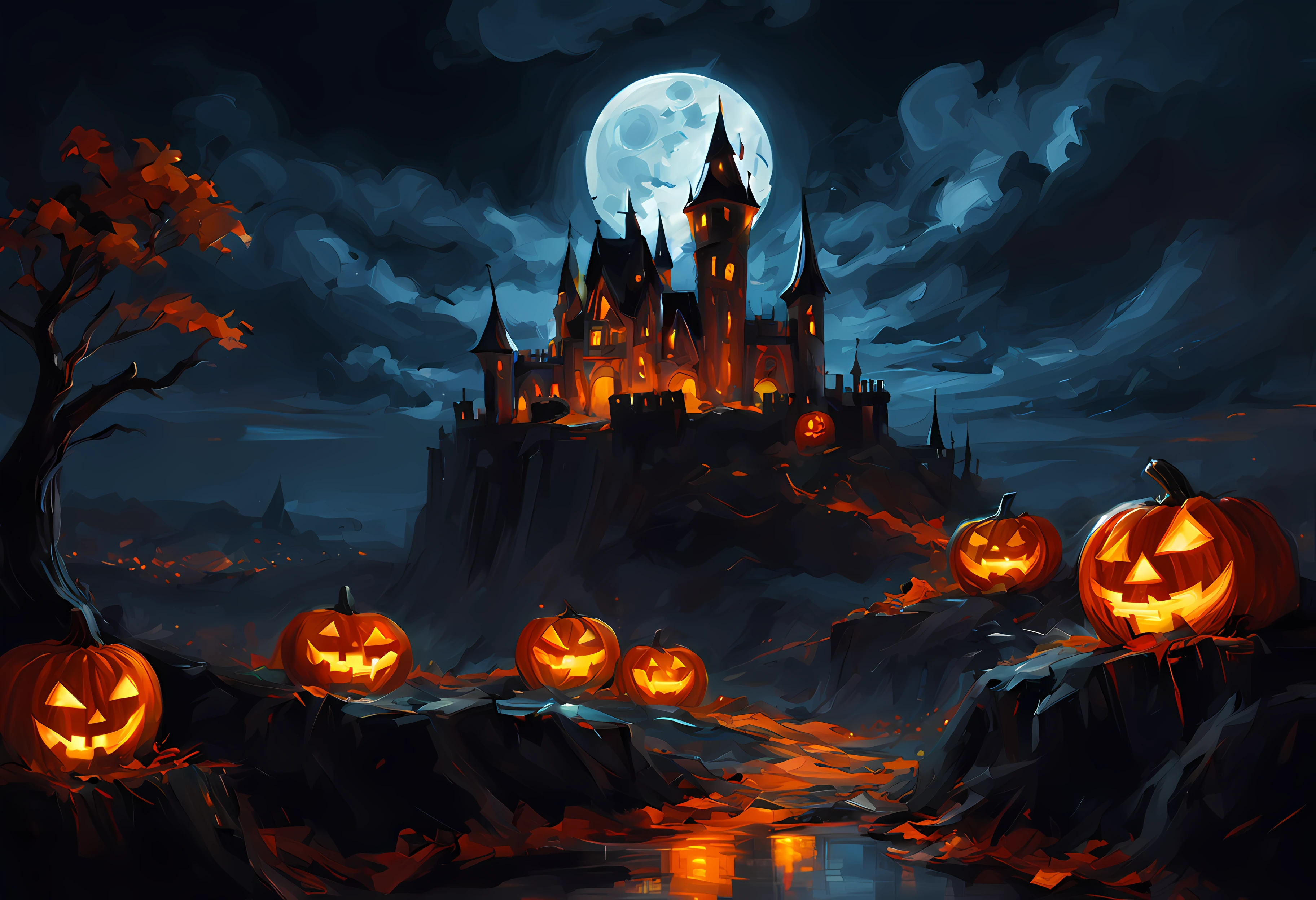 digital painting of a halloween landscape, castle, night, full moon, jack o lantern, clouds, masterpiece, sharp lines, detailed, 8k, high saturation, (style of Henry Asencio)