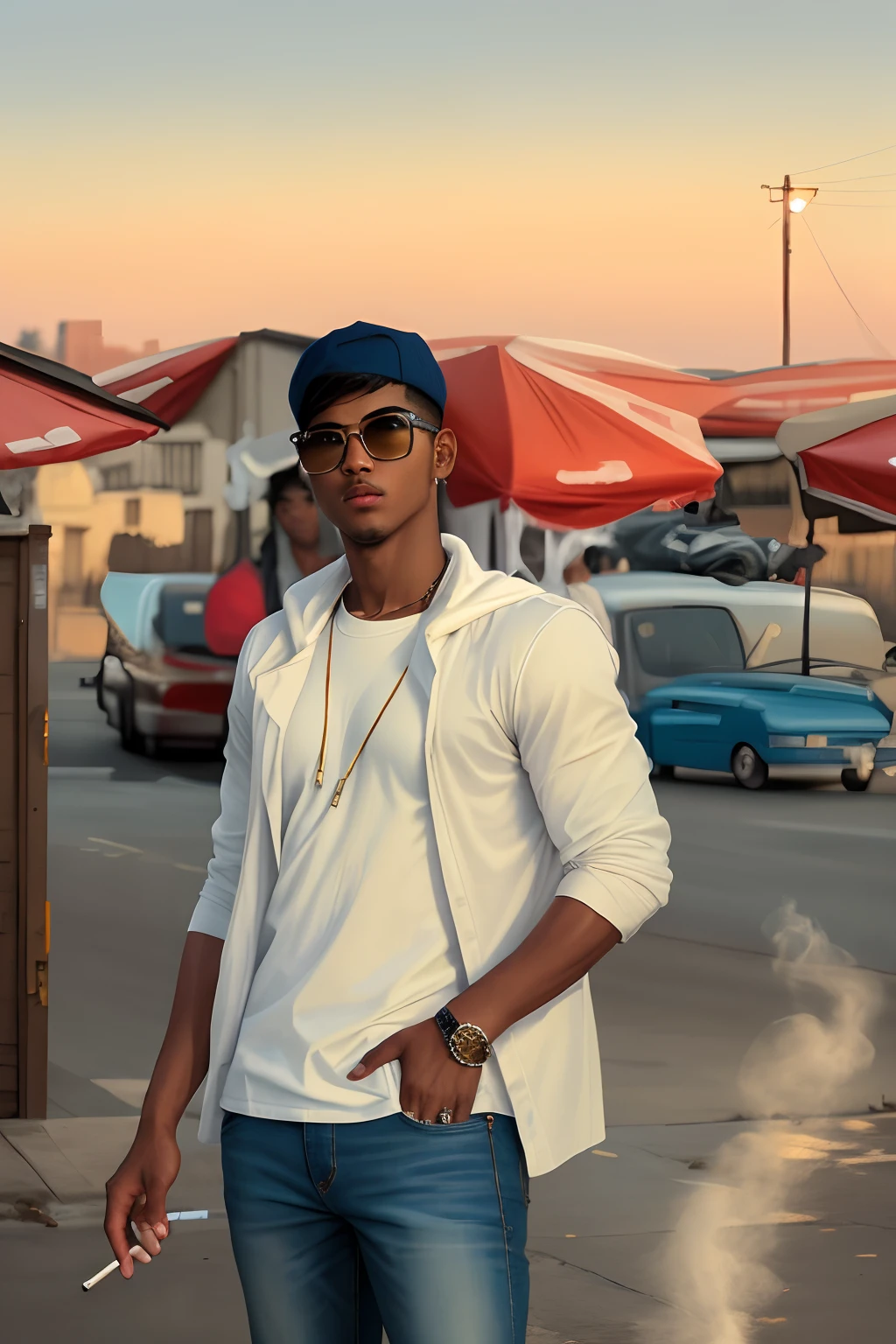 This is a handsome gangster boy smoking cigarette,with hood boys, wearing shirt and jeans,8K,high resolution,high quality
