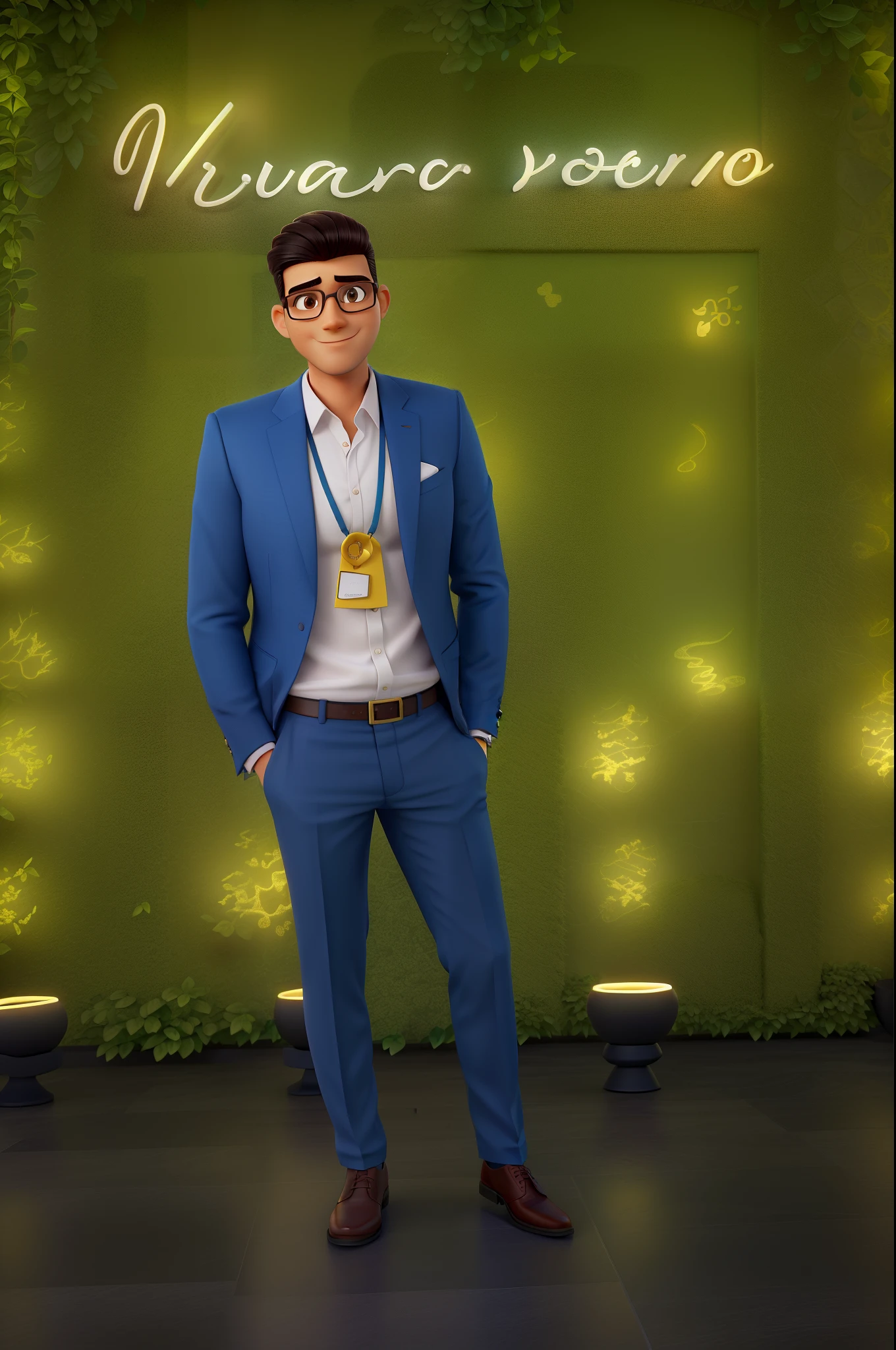 A young 29-year-old businessman standing in front, illuminated by the light of a lamp, against the backdrop of several buildings with imposing architecture, semelhante a Dubai. Wearing elegant square acetate eyeglasses, modelo Rb5387 tartarugado da Ray ban. These glasses convey youthful spirit, selvagem, criativo e livre. Tem pele morena, is smiling, usa barba. Ademais, usa topete como penteado, and shaved gradient hair on the sides. Vestindo terno azul elegante. Athletic and confident bearing. Alta qualidade. Melhor qualidade de imagem.