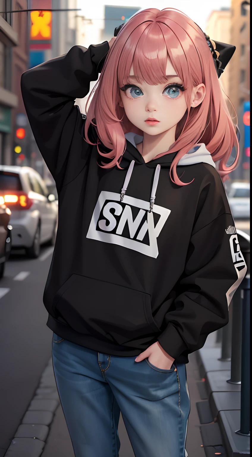 Masterpiece, (best quality,highres), full body shot, Anya forger, wearing Streetwear Hoodie, black jeans, detailed eyes, detailed lips, hair texture, soft background, vivid colors, dinamic lighting, bokeh