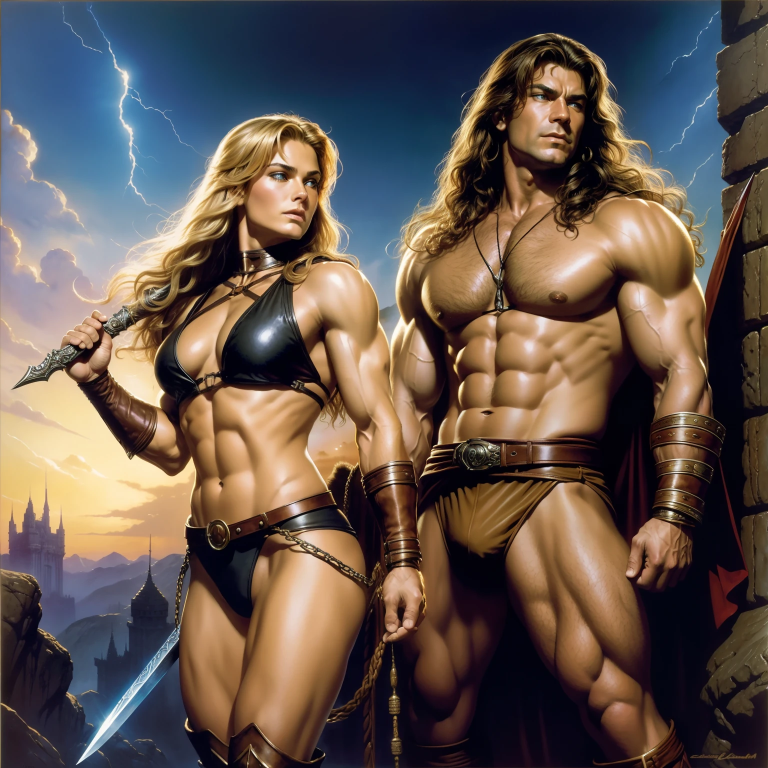 ((realistic:1.5)),((best quality)), ((masterpiece)),((detailed)) , full body in frame, he-man, body harness, leather belt, fur boots, (detailed handsome face and wavy blonde hair, large thick muscles, strong jaw, defined eyes, defined mouth, defined nose, strong muscular neck), holding his magic power sword, magical sky, tall fantasy buildings in the background, castle greyskull, by Frank Frazetta, by Luis Royo, by boris vallejo,