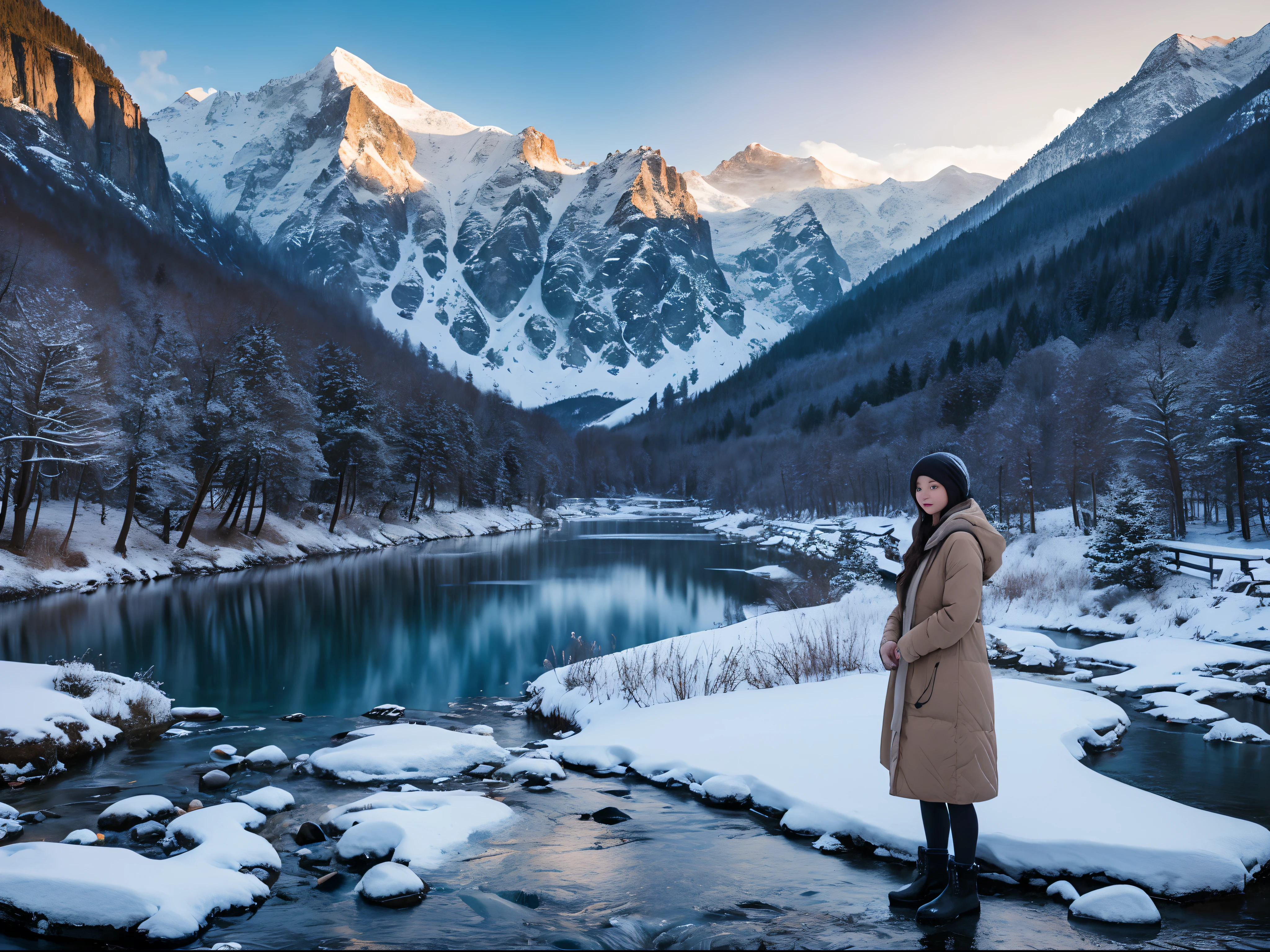 超A high resolution、An ultra-high picture quality、8K、Detailed details、marvelous expression、Midwinter valley、The snow falling is beautiful.、It's cold enough to freeze even in mountain streams、Girl standing in front of the valley