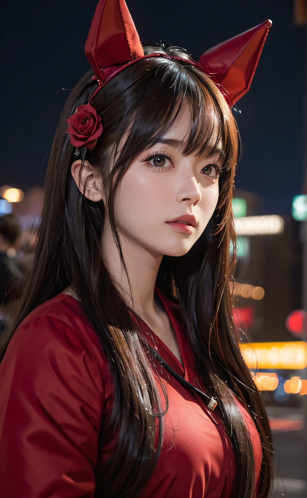 1girl, Tokyo street,night, cityscape,city lights, upper body,close-up, 8k, RAW photo, best quality, masterpiece,realistic, photo-realistic,headgear of red rose, parted bangs, long hair,