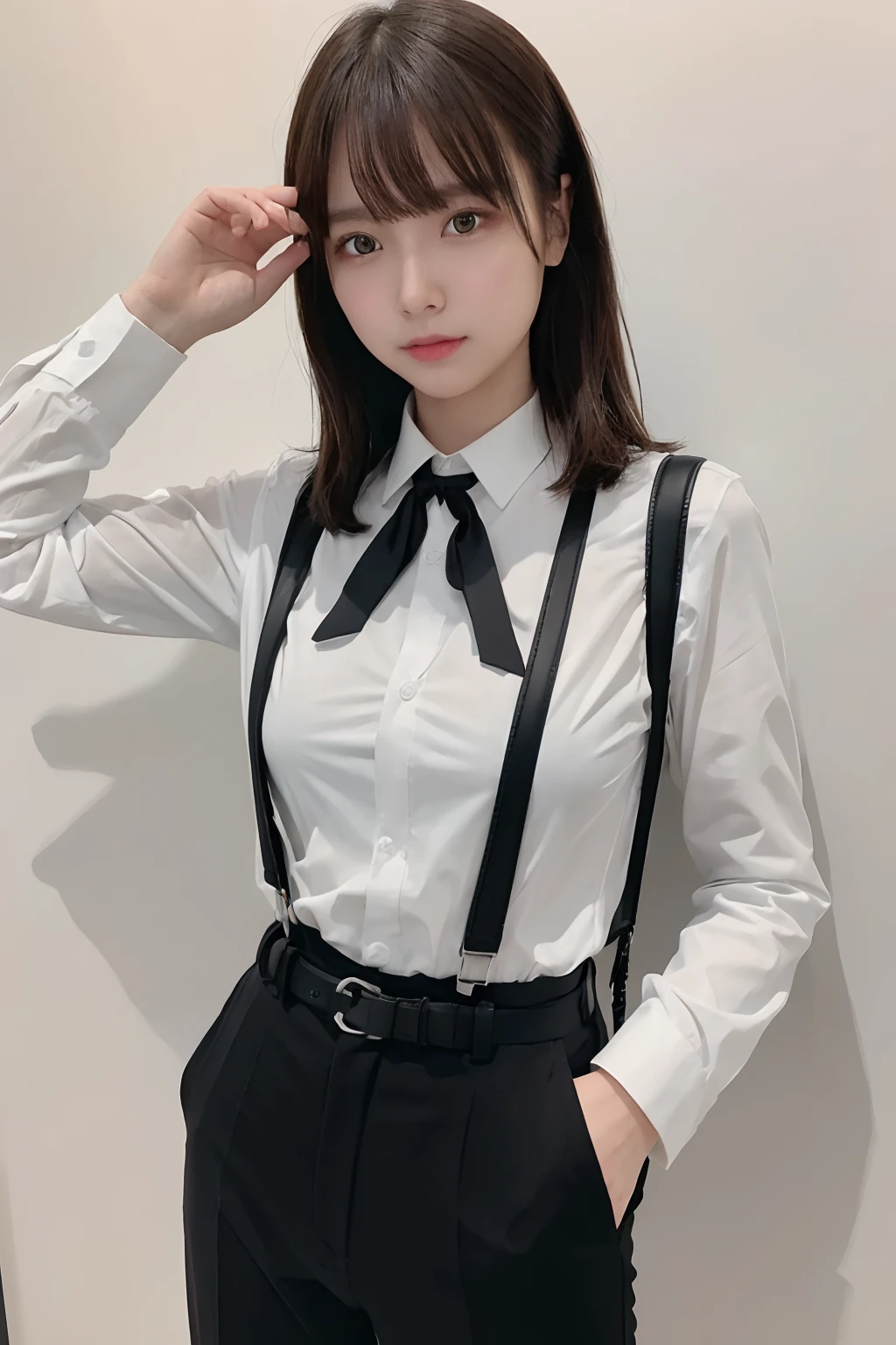 masterpiece、flat-colors、depth of fields、lens flare 1 girl、、Brown hair、watching at viewers a belt black suspenders Social OL Too large breasts Armpit sweat perspiring Side of both hands walls: Black Suit Black pants, Black jacket