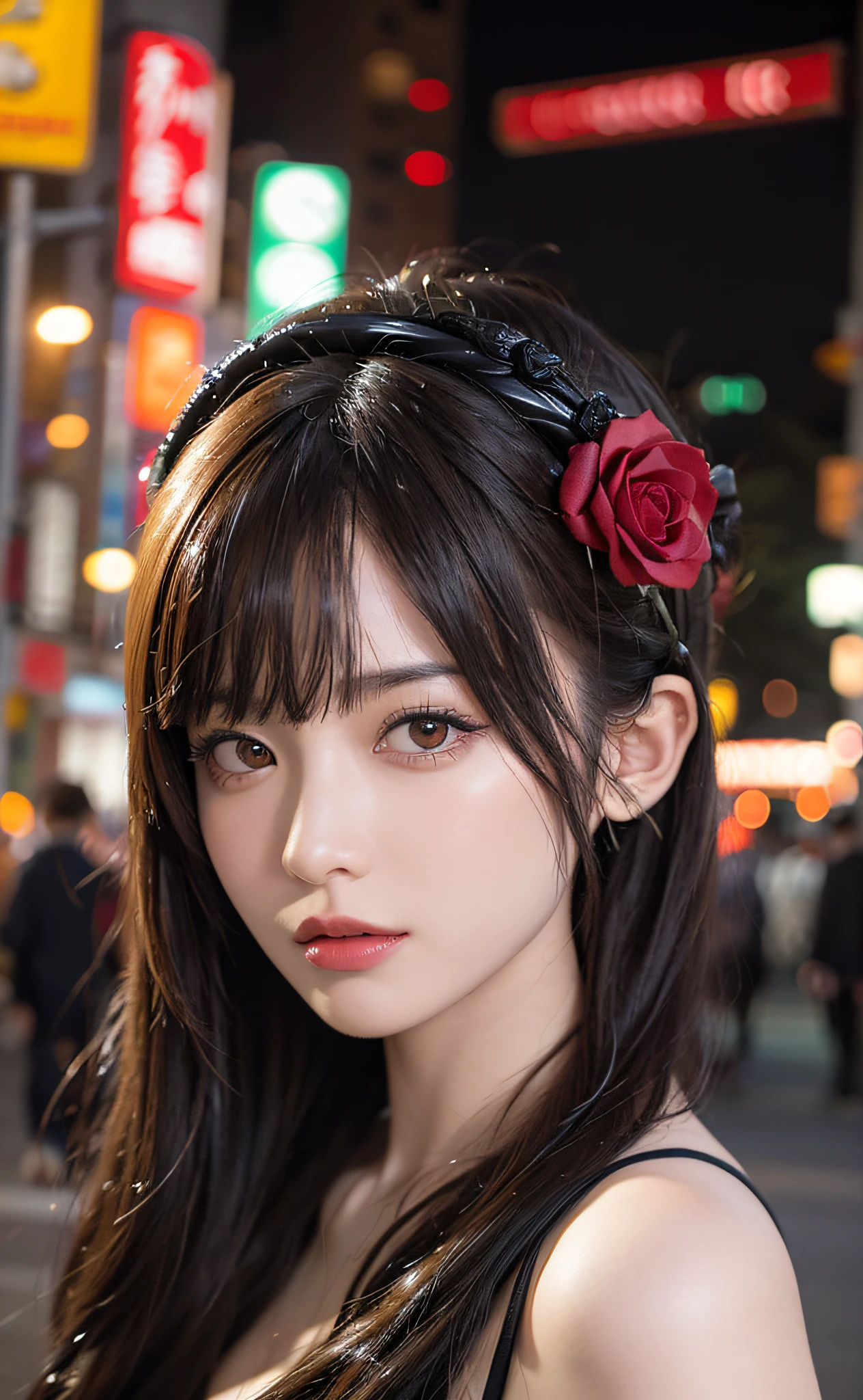 1girl, Tokyo street,night, cityscape,city lights, upper body,close-up, 8k, RAW photo, best quality, masterpiece,realistic, photo-realistic,headgear of red rose, parted bangs, long hair,