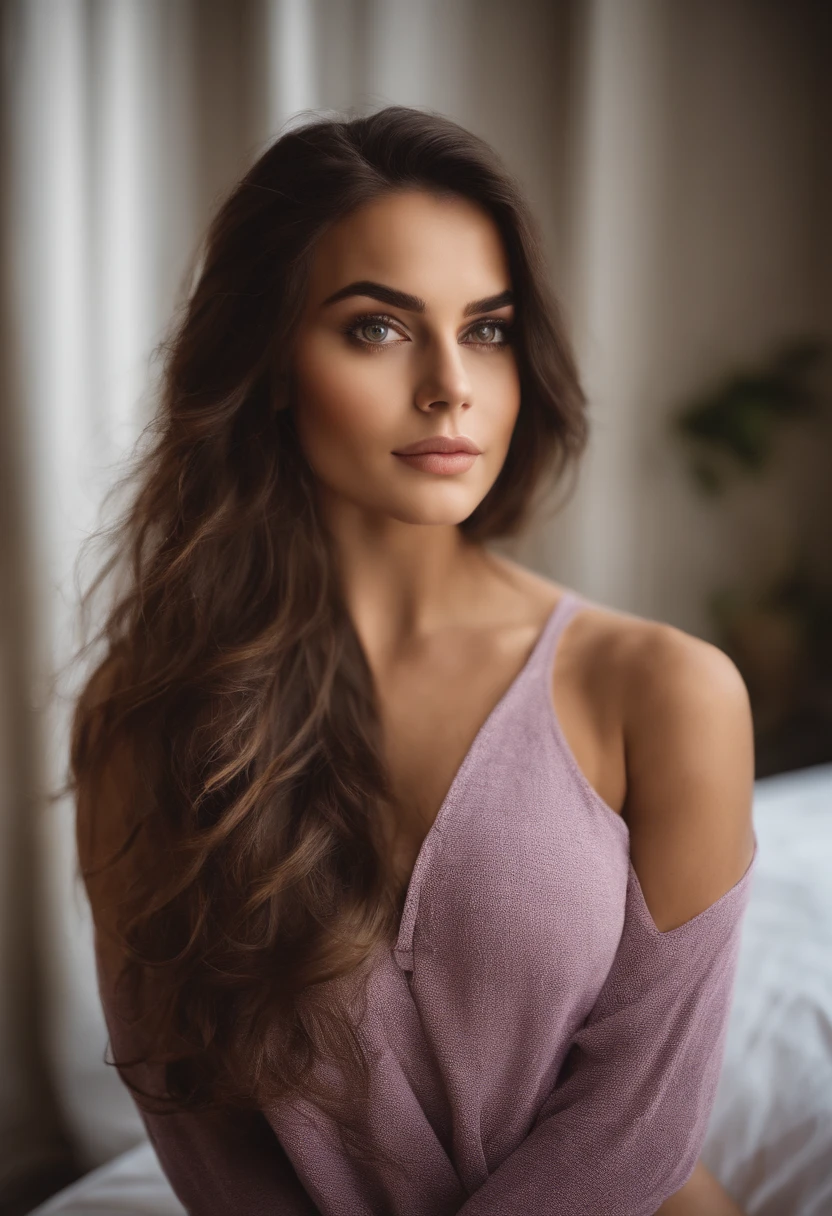 Femme gros cul, gros sein, fille sexy aux yeux bruns, cheveux bruns et grands yeux, selfie of a young woman, Yeux de chambre, Violet Myers, sans maquillage, maquillage naturel, looking straight at camera, Visage avec Artgram, Maquillage subtil, Superbe photo du corps entier, clivage, assis sur le lit,