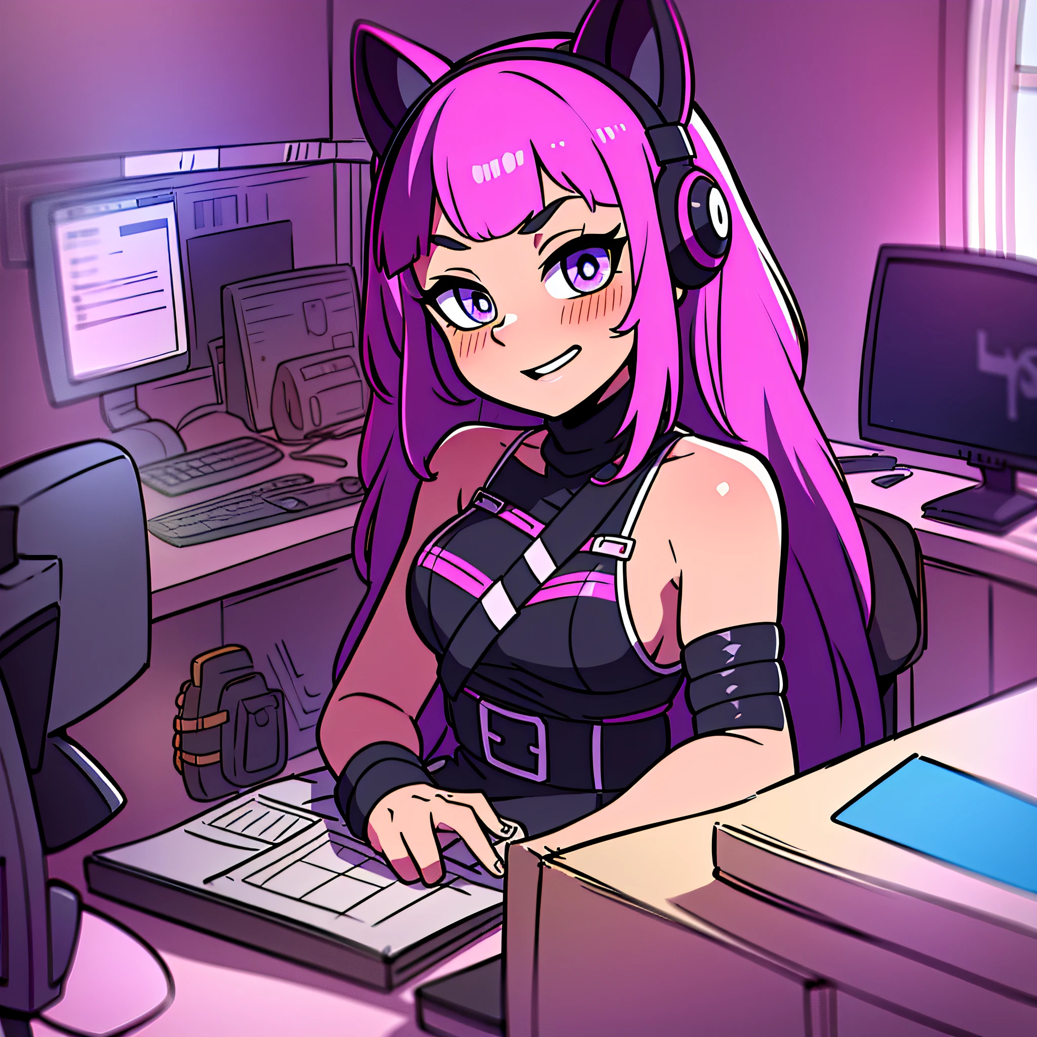 gamer guy, sitting in a desk, in front of a pc, brown skin, gorgeous, e-guy, military straps, black straps, long hair, bangs, heart-shaped pupils, makeup, excited, CatEarHeadphones, film grain, image fill, halftone, depth of field, perspective, UHD, masterpiece, textured skin, 16k, best quality, simple background, brush stroke background, frosted purple tips, military black leather straps