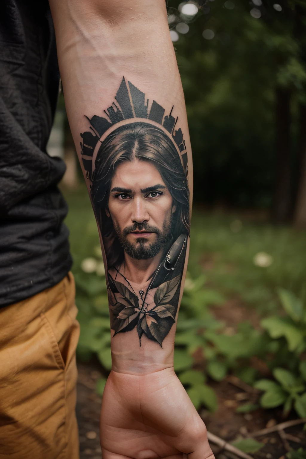 realistic full forearm tattoo depicting on one side the nostalgic Polish Bieszczady mountains and on the other side Jesus suffering in a crown of thorns
