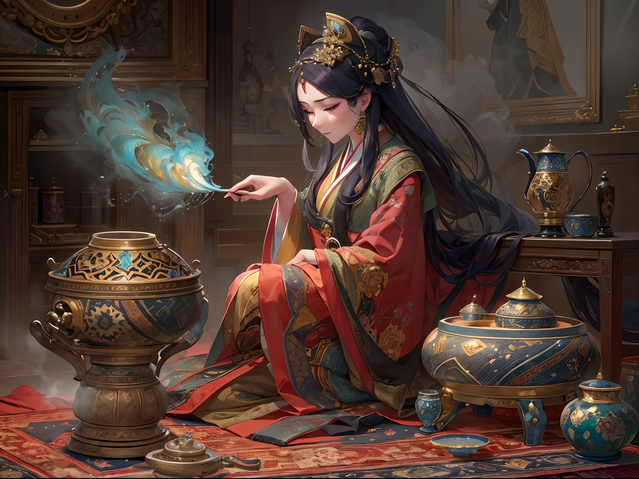 ((Finest quality)),(超A high resolution),(ultra-detailliert),(Meticulous portrayal),((best pictures)),(Finest works of art),Ultra-Precision Art,The art of astounding depiction, Smoke wafting from a magnificent incense burner:1.4, (1人の女性:1.5),Mysterious,bewitching,Color,Melancholy, persian carpet:1,3