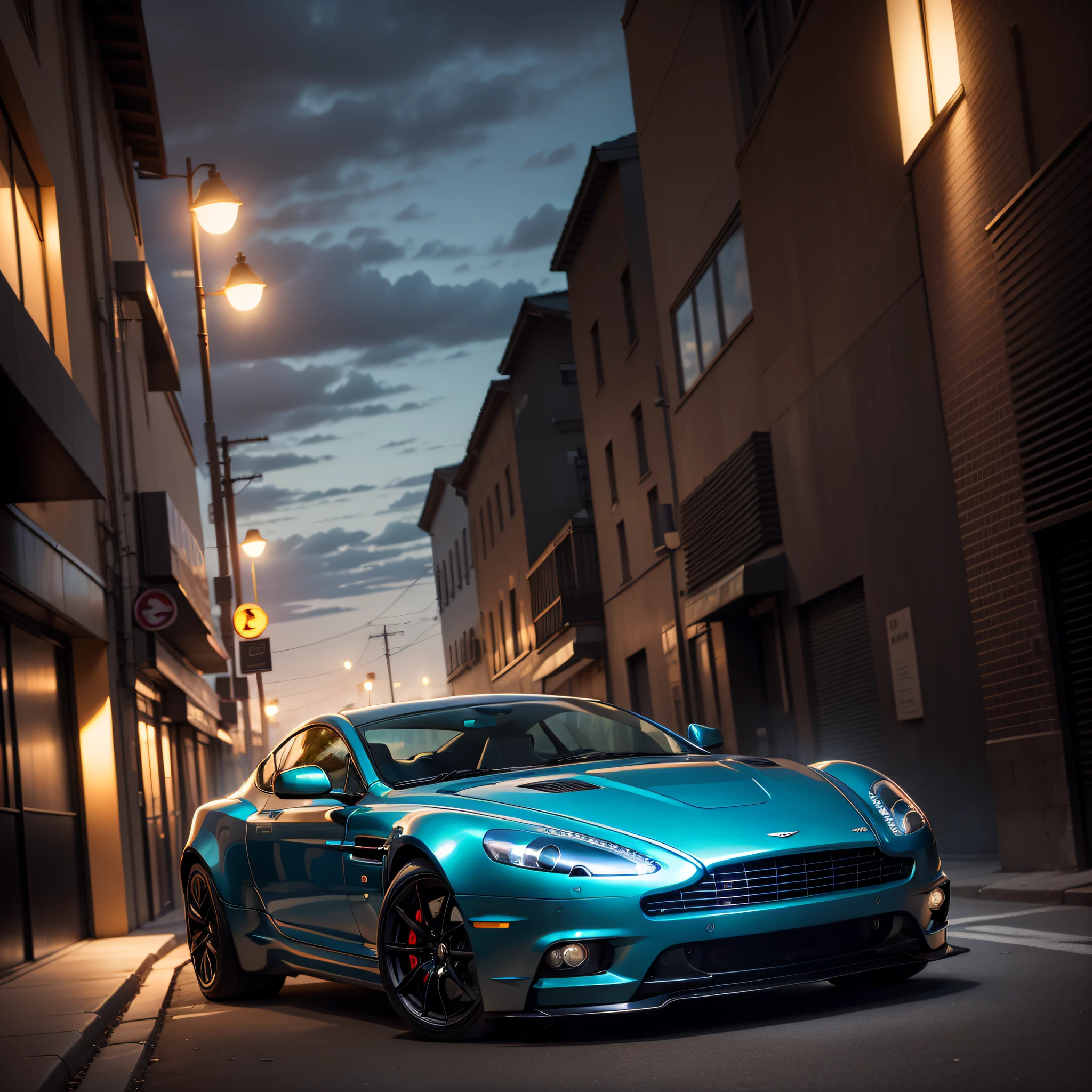2004 Aston Martin AMV8 car in ultra syberpunk street unreal neon lighting; full HDR;8k;unreal background and sky