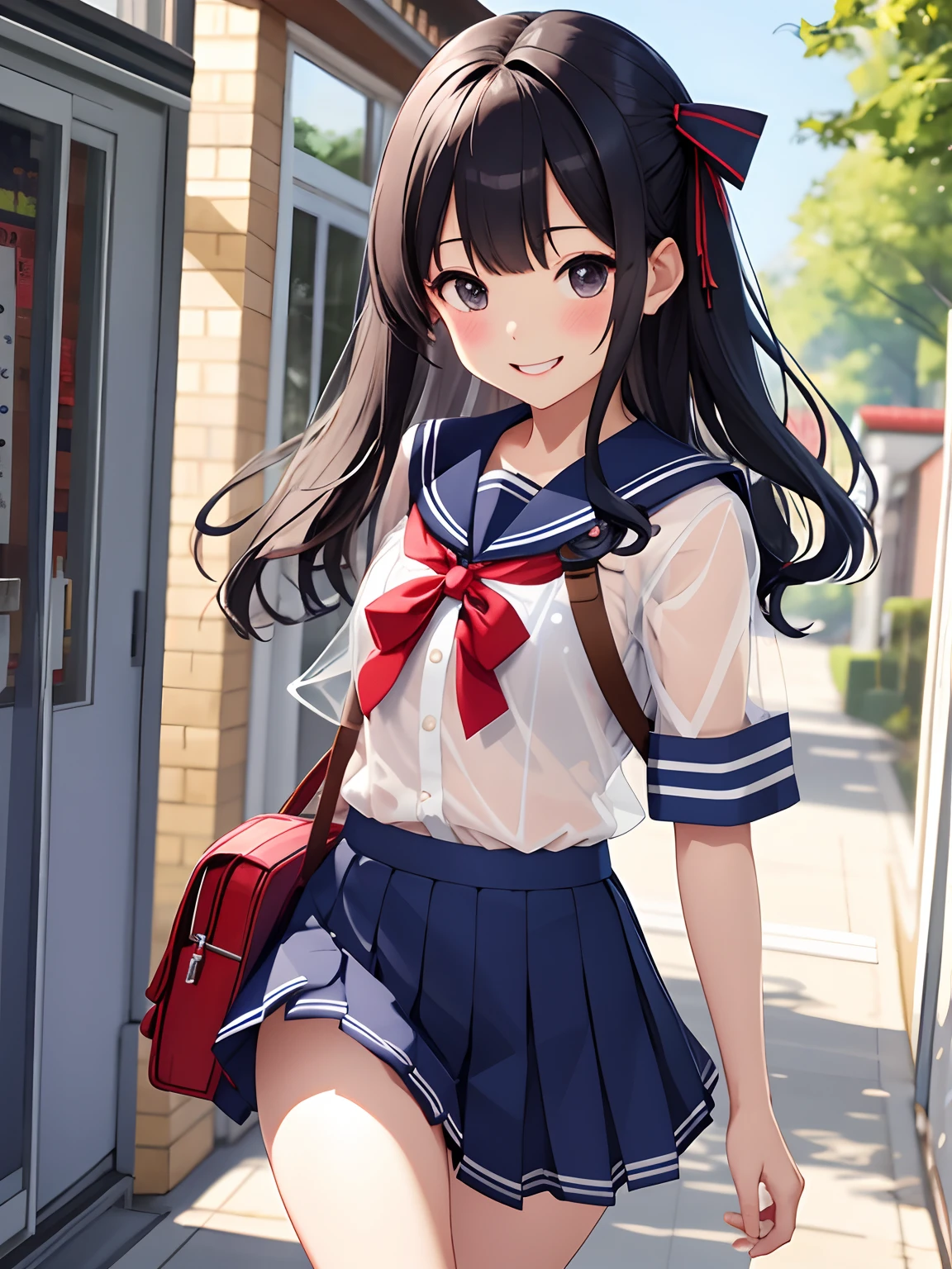 top-quality、realistic touch,high-detail、 Erotic sailor suit、Elementary school girls、huge smile、flushed cheeks、ruddy skin、full bodyesbian、a short skirt、slender body、Immature children、See-through costumes、Kamimei、flaxen hair、Carrying a school bag on your back