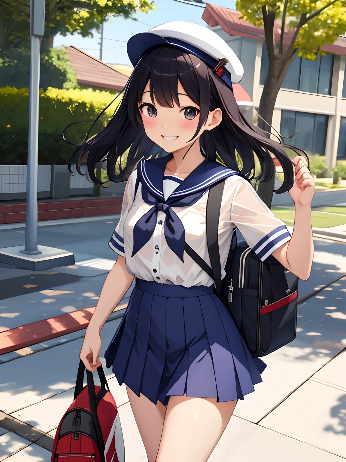 top-quality、realistic touch,high-detail、 Erotic sailor suit、Elementary school girls、huge smile、flushed cheeks、ruddy skin、full bodyesbian、a short skirt、slender body、Immature children、See-through costumes、Kamimei、flaxen hair、Carrying a school bag on your back