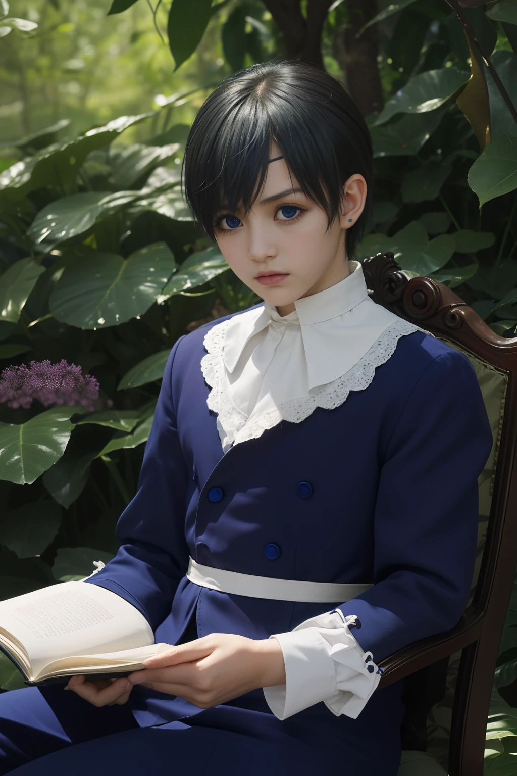 (Best Quality,4k,8k,highres,巨作:1.2),A highly detailed,(Realistic,Realistic Photos,Realistic Photos:1.37),portrait,anime,Phantomhive Sky,boy,10 years old,,dark hair,Intense look,pale skin,Royal Uniform,Classic Victorian style,Stylish clothes,Feather has,Golden accents,deep blue eyes,Purple eye patch,Detailed lashes,exquisite facial features,serious expression,Confident position,Stand in majestic,Sit down to read a book, Dramatic shades,Invisible lens glow,vibrant colours,Rich color scheme,Royal Purple,Royal Blue,Delicate pastel tones,Gentle sunlight flows through the leaves. Ten-year-old boy wearing boyish clothes with short hair