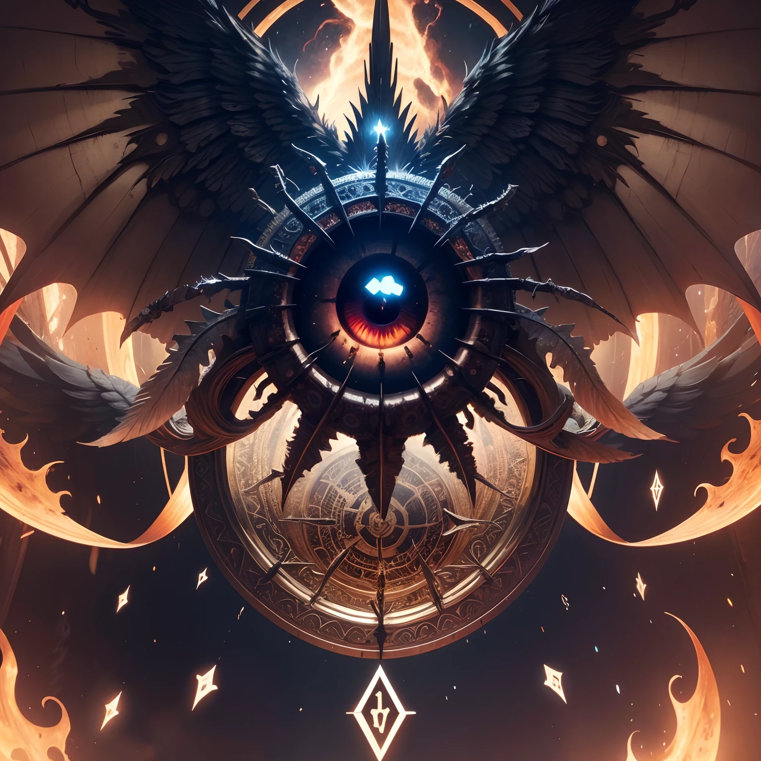 [extremely huge cicada on background, psychedelic color, detailed background : detailed background, 1080P, runes, multiple wings, evil, extremely huge eyeball on center, hyperemia, shedding tears, alter: 6]