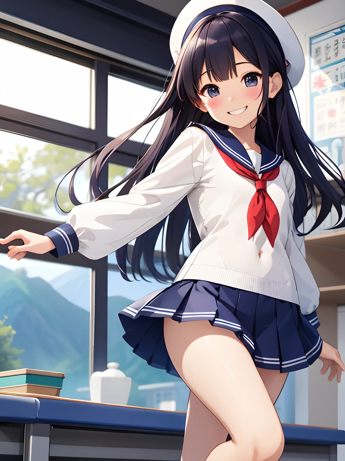 top-quality、realistic touch,high-detail、 Erotic sailor suit、Elementary school girls、huge smile、flushed cheeks、ruddy skin、full bodyesbian、a short skirt、slender body、Immature children