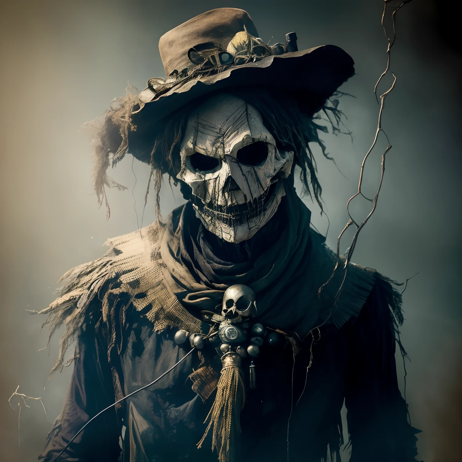 arafed scare with a hat and a skull face, powerful male scarecrow, scarecrow, the scarecrow, stefan gesell, willem dafoe as scarecrow, grim-hatter, horror fantasy art, dark but detailed digital art, wicked grin, fantasy horror art, by derek zabrocki, witch - doctor, dark fantasy horror art, scary portrait