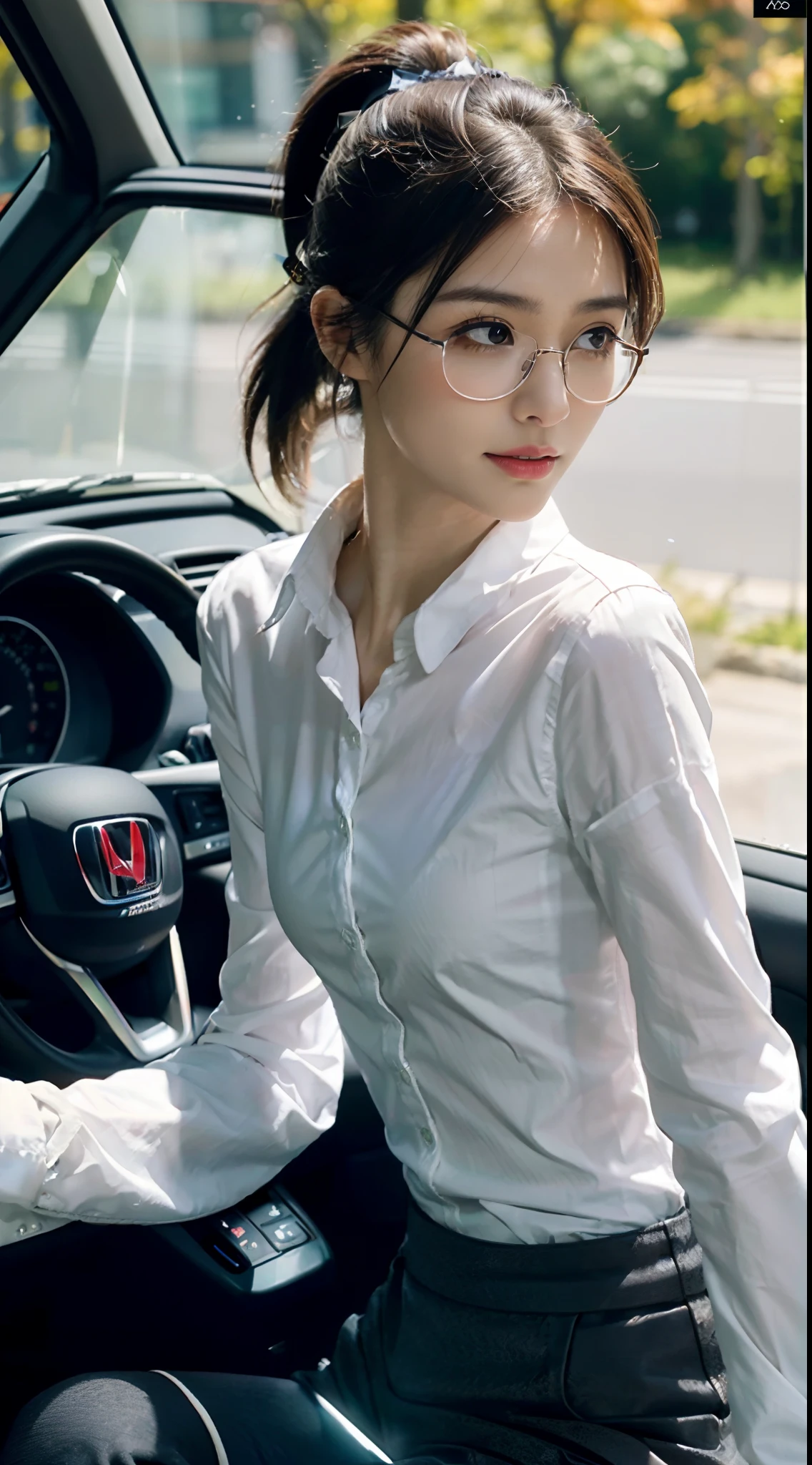 ((Small underboob)), (shoulder length straight short hair:1.1),Upper body, （Extremely meticulous CG 8k wallpaper），（Extremely refined and beautiful），（Masterpiece），（best qualtiy：1.0），（Ultra High Resolution：1.0），beautiful light up，Perfect lightning，realistic shaded，[A high resolution],(Smooth and flawless fair skin:1.5),Extremely exquisite facial details,(perfect body：1.1），ultra - detailed，A beautiful girl,small head,(short ponytail:1.3),glasses,(Small breasts:1.1)，Flat chests，slim，thin，Smile，cheerfulness,(white collared long sleeved shirt:1.4),(black pants:1.3),late autumn，Morning,in a spacious private car,A female driver,sitting in seat of the driver,Look ahead which is the direction the car is moving in,(Honda Steering wheel:1.3),intently driving car,(close-up of face:1.0),from side,late autumn