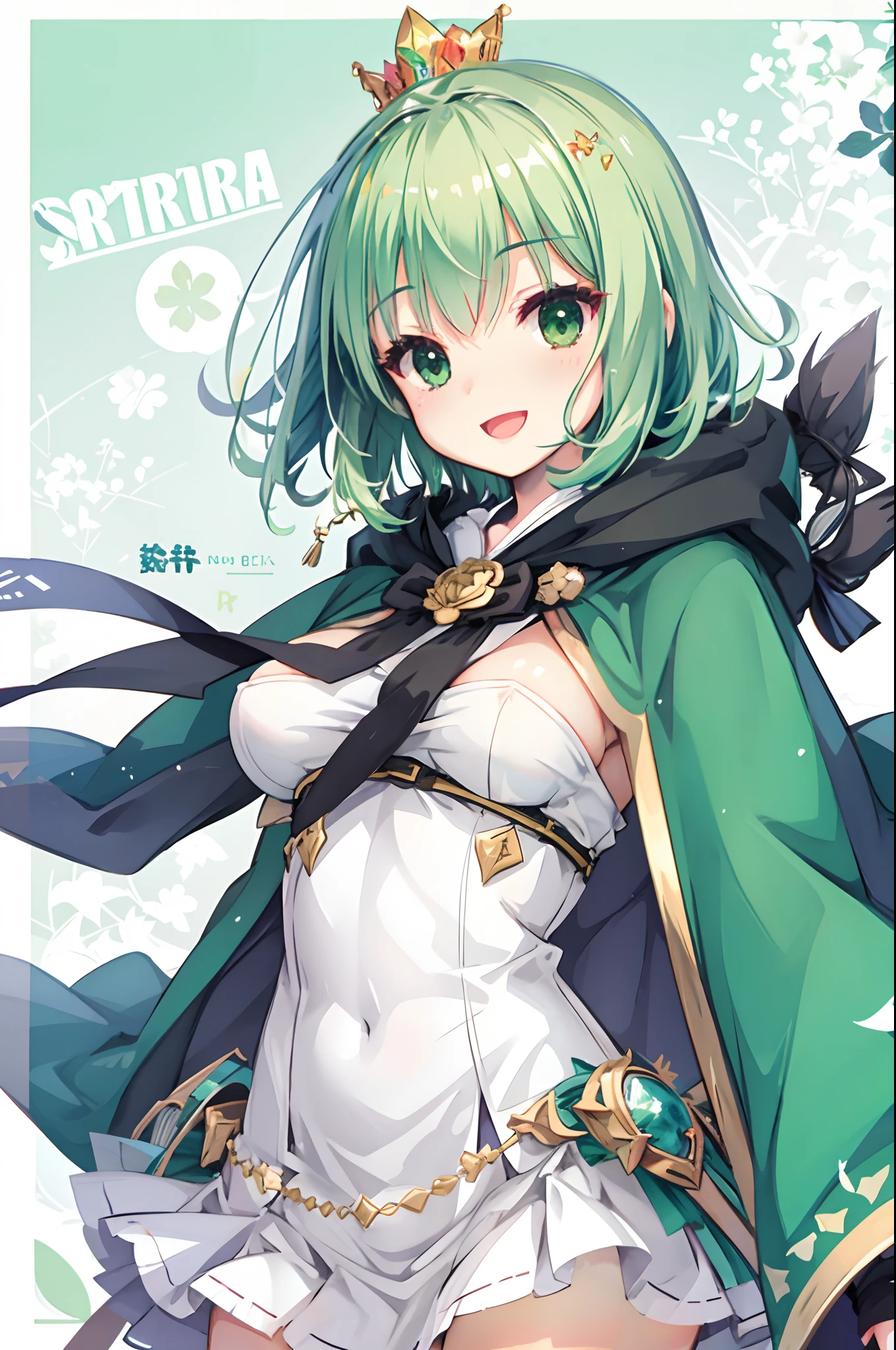 tiny girl,Colossal tits,Smile with open mouth,short green hair,Princess,cloaks,Tiara on the head,Heterochromia,Top image quality,Best Quality