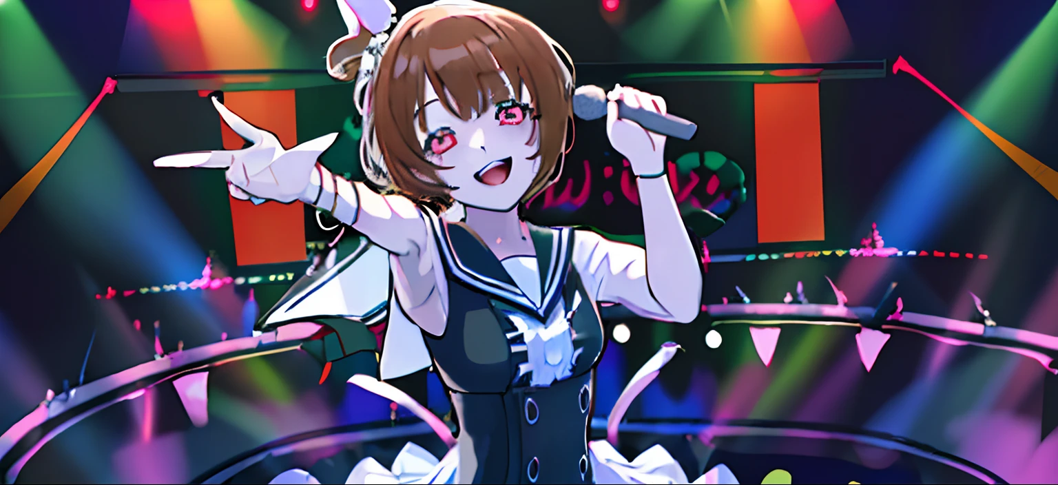 schoolgirls，High resolution 4K 8K，The expression is smart and cheerful，be on stage，holding a mic