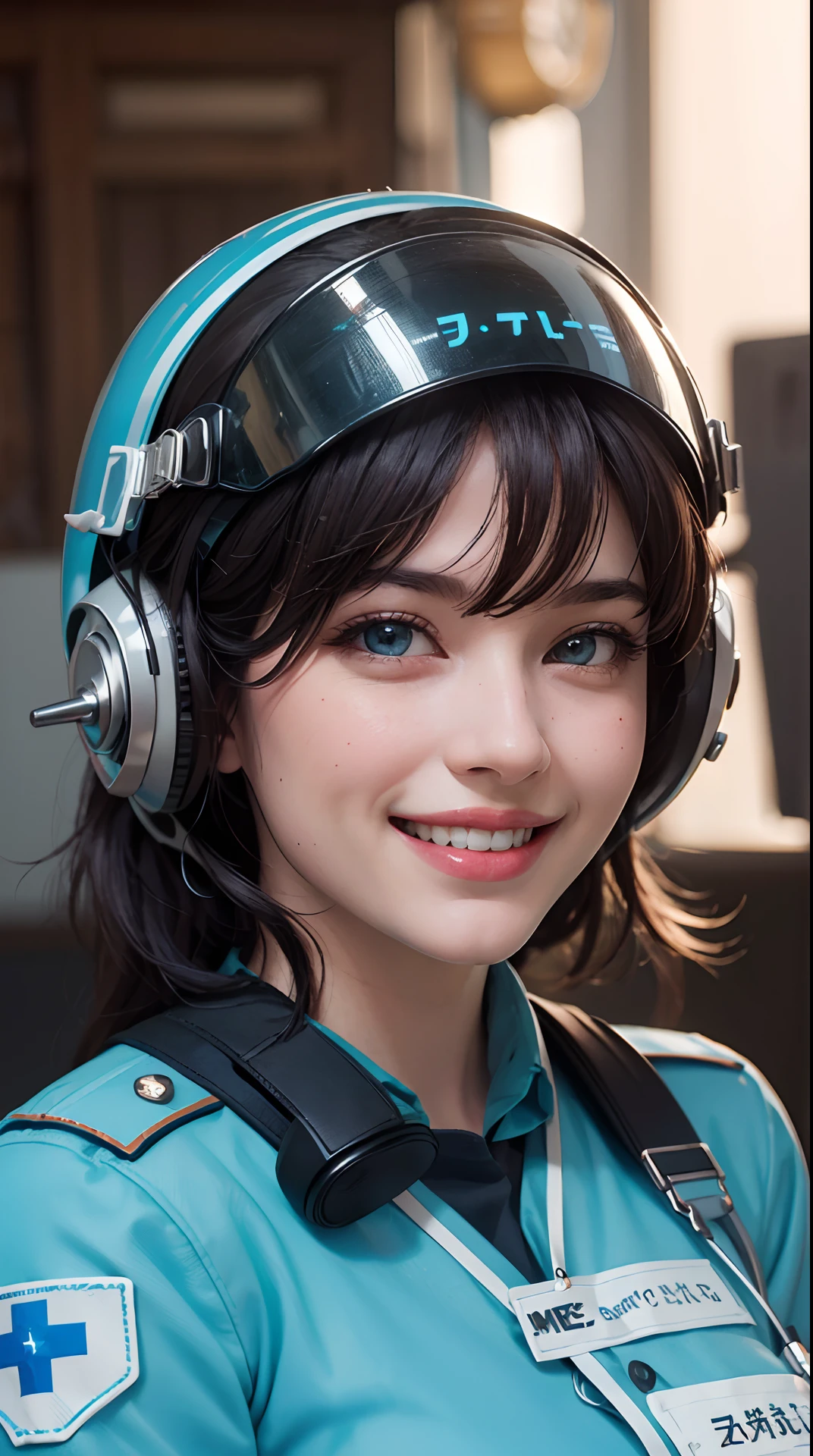 (best quality,4k,8k,highres,masterpiece:1.2), ultra-detailed, (realistic,photorealistic,photo-realistic:1.37), (beautiful detailed eyes, beautiful detailed lips, extremely detailed eyes and face), studio lighting, physically-based rendering,vivid colors, (big tits, super big tits, super extra big tits:0.8), (medic uniform, helmets:1.5), (soft lighting:0.8), (portrait, smile and laugh:1.5),