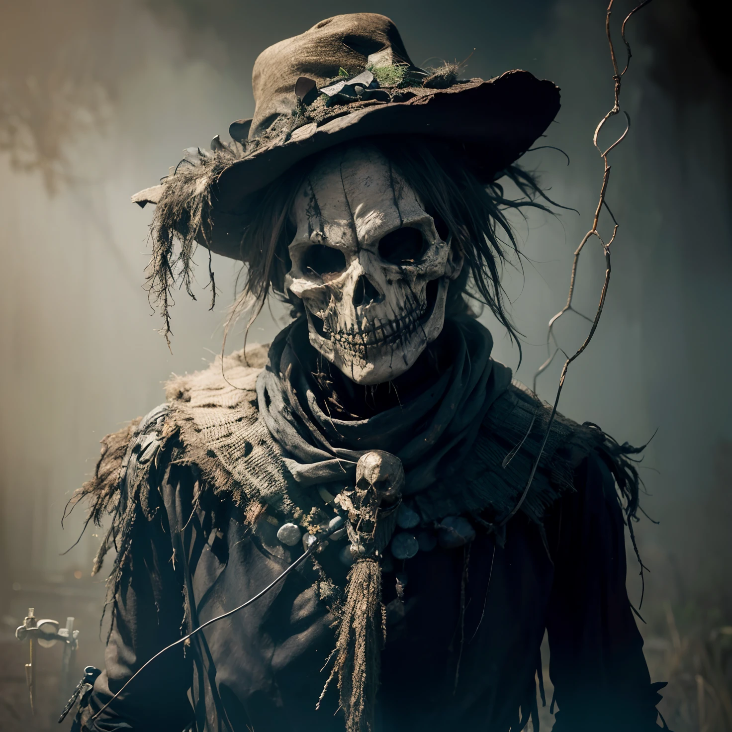 arafed scare with a hat and a skull face, powerful male scarecrow, scarecrow, the scarecrow, stefan gesell, willem dafoe as scarecrow, grim-hatter, horror fantasy art, dark but detailed digital art, wicked grin, fantasy horror art, by derek zabrocki, witch - doctor, dark fantasy horror art, scary portrait