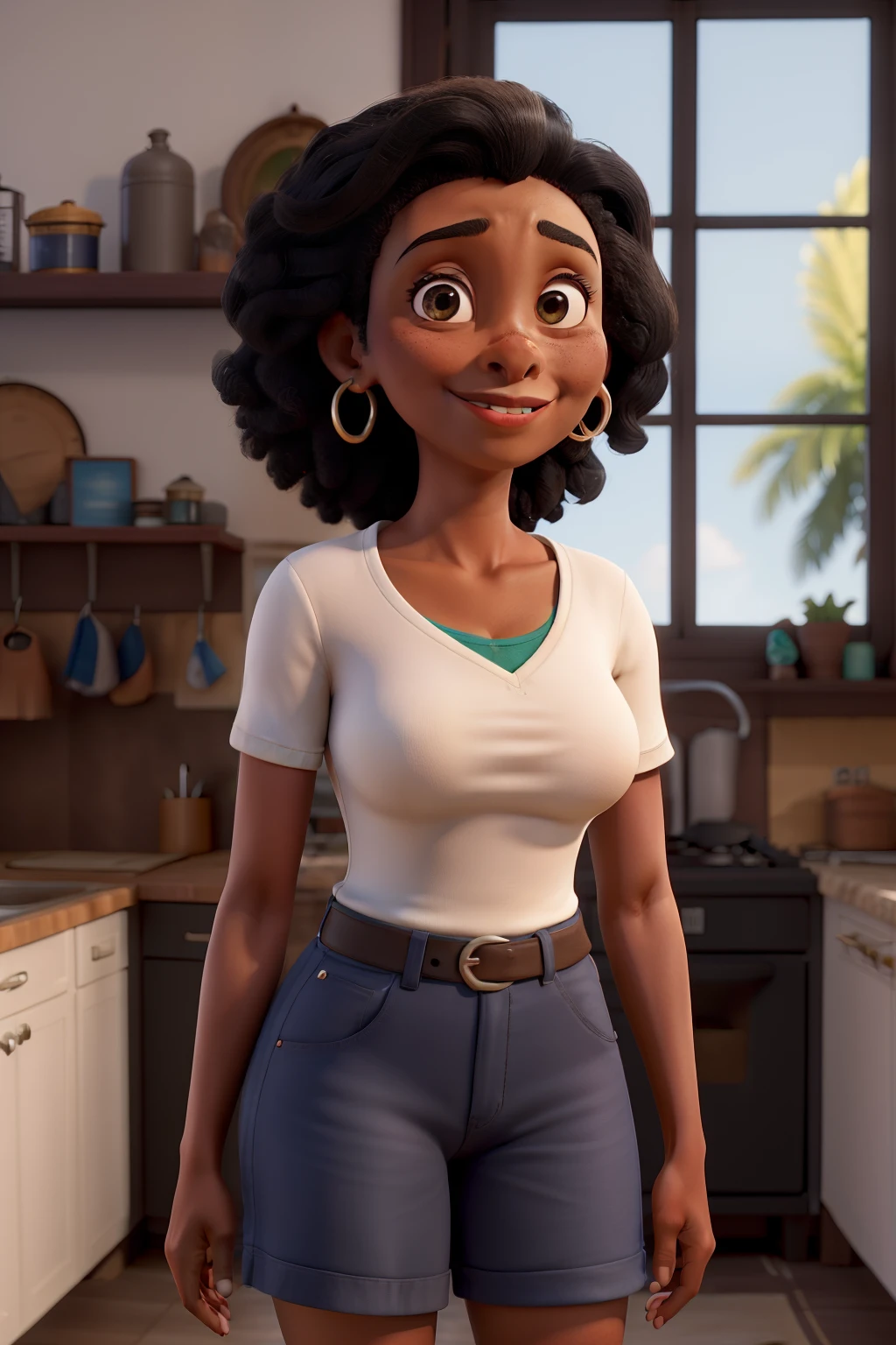 Obra-prima, de melhor qualidade, uma mulher alta de 50 anos, pele clara, Straightened black hair down to the shoulder, feliz em sua casa, fundo da natureza