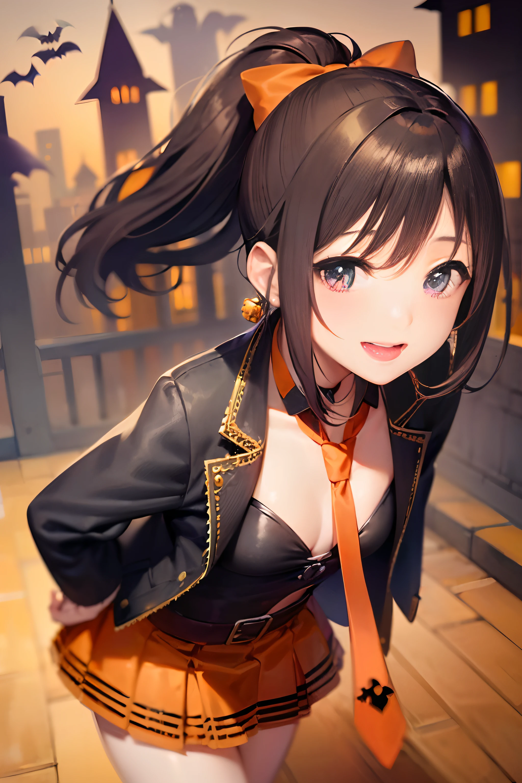 ((Halloween:1.5)), ((Halloween Costumes:1.5)), BREAK, ((In Kyoto Animation Style)), masutepiece, Professional Lighting, Detailed face, Detailed eyes, super precision, Extremely beautiful, Princess Face, 1 girl, Sexy Girl, ((Solo:1.5)), 20 years old, ((Cowboy Shot:1.5)), Dynamic Poses, Cute face, Boyish girl, BREAK, ((Dark hair:1.5)), ((shorth hair:1.5)), Straight hair, ((Short ponytail)), Black eyes, ((Smaller breasts)), BREAK, ((orange necktie:1.5)), Shibuya, A city scape, ((A slight smil)), Slightly open mouth, (Walking), kawaii faces, (Full body),