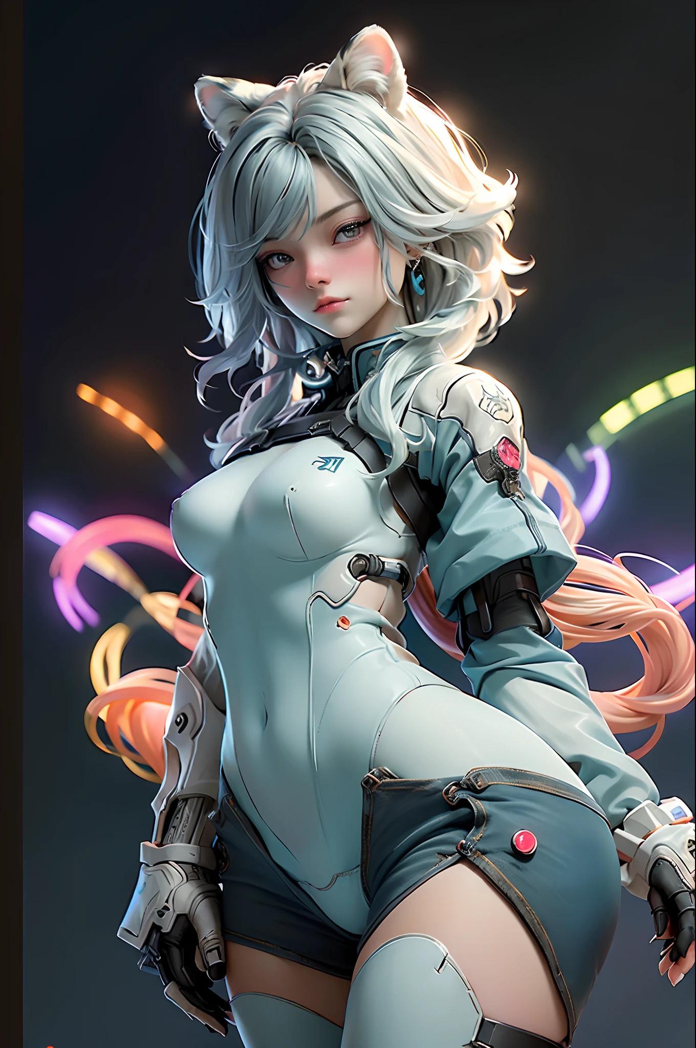 masterpiece, best quality, ultra-detailed, intricate, highly detailed, high resolution, realistic, HD, 8K, 1 catgirl, dynamic pose, an extremely delicate mecha, glowing led parts, cowboy shot, High tech background, rim light, science fiction, (By Marek Okon:1.3), midjourney style by mooncryptowow, psychedelic, halo, nsfw.