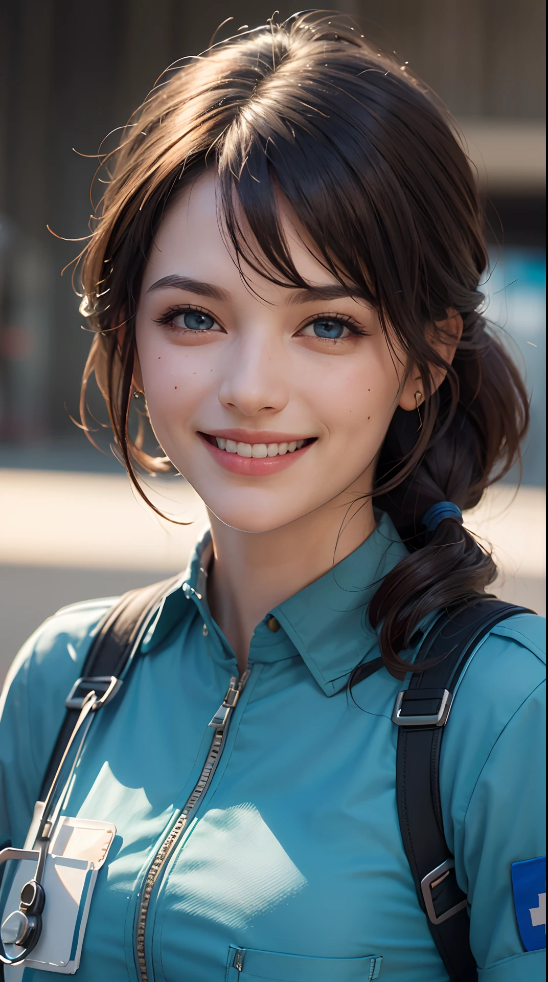 (best quality,4k,8k,highres,masterpiece:1.2), ultra-detailed, (realistic,photorealistic,photo-realistic:1.37), (beautiful detailed eyes, beautiful detailed lips, extremely detailed eyes and face), studio lighting, physically-based rendering,vivid colors, (big tits, super big tits, super extra big tits:0.8), (medic uniform, protective equipment:1.5), (soft lighting:0.8), (portrait, smile and laugh:1.5),