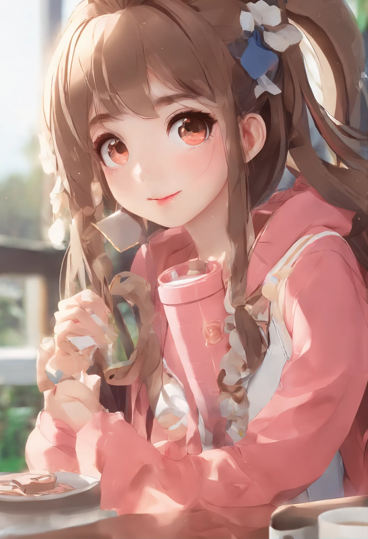 There is a young girl holding coffee in her hand, girl cute-fine-face, cute natural anime face, cute - fine - face, sakimichan, chiho, 奈良美智, Young cute face, the face of a beautiful Japanese girl, brown hair and large eyes, cute kawaii girl, beautiful light big eyes