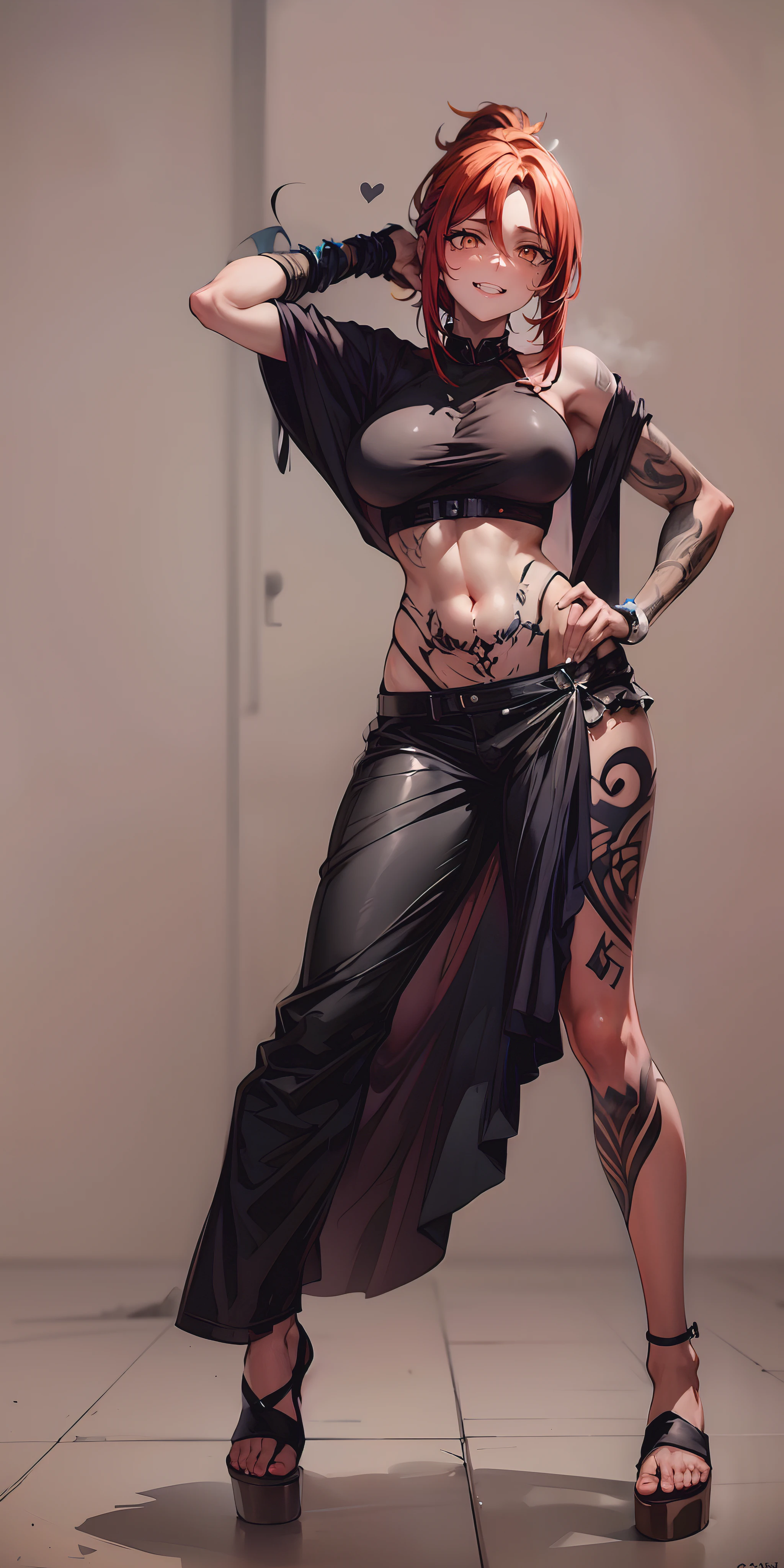 tattoo, arm_tattoo, pubic_tattoo, shoulder_tattoo, stomach_tattoo, body_writing, 1girl, leg_tattoo, chest_tattoo, black_hair, solo, back_tattoo, long_hair, sandals, facial_tattoo, navel, breast_tattoo, standing, full_body_tattoo, hand_on_hip, breasts, midriff, full_body, ponytail, jewelry, heart_tattoo, yellow_eyes, collarbone, "glow effects, godrays, Hand drawn, render, 8k, octane render, cinema 4d, blender, dark, atmospheric 4k ultra detailed, cinematic, Sharp focus, big depth of field, Masterpiece, colors, 3d octane render, 4k, concept art, trending on artstation, hyperrealistic, Vivid colors, extremely detailed CG unity 8k wallpaper, trending on CGSociety, Intricate, High Detail, dramatic", anime coloring, anime screencap, sweating, steaming body, fog