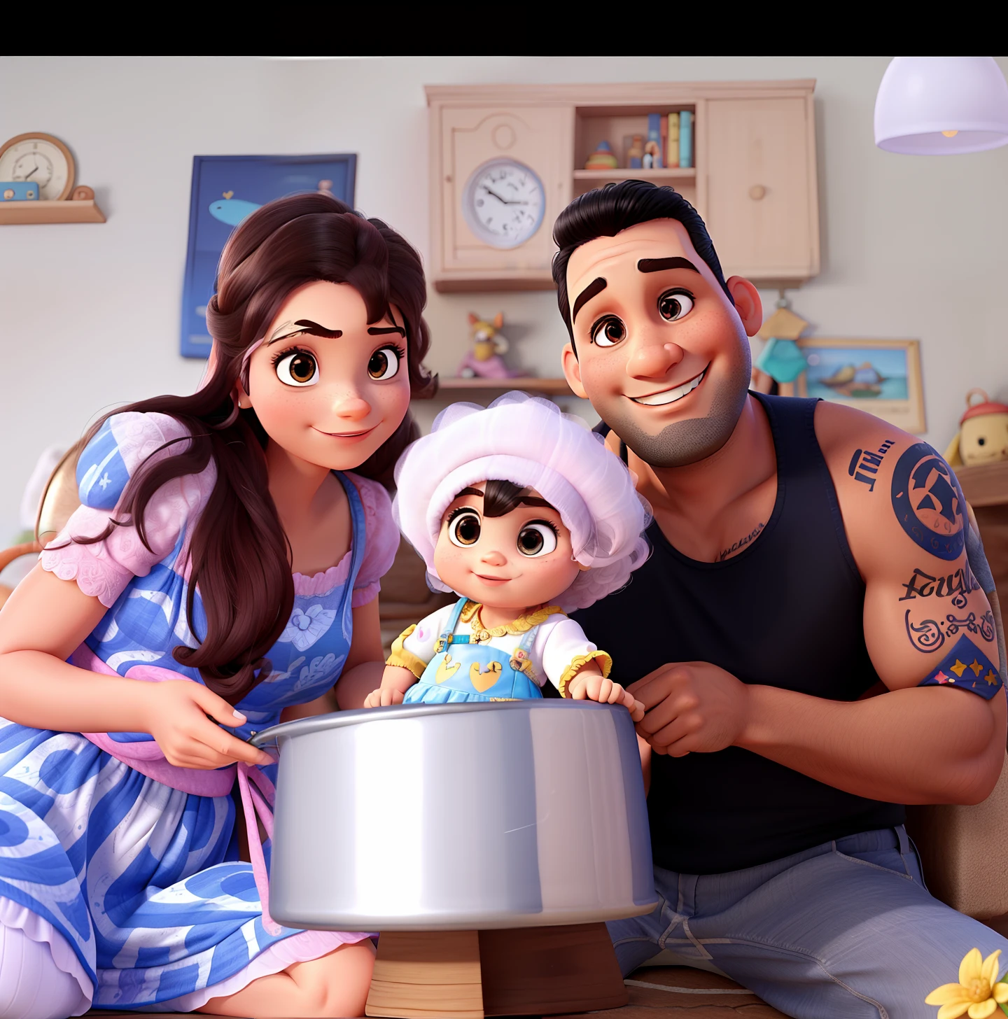 Uma mulher, A baby girl and a latin man, estilo disney pixar, highes definition