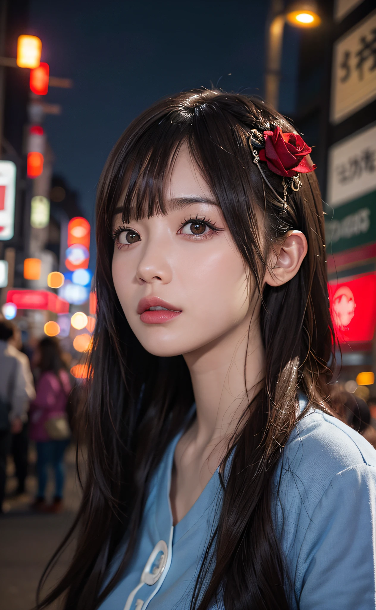 1girl, Tokyo street,night, cityscape,city lights, upper body,close-up, 8k, RAW photo, best quality, masterpiece,realistic, photo-realistic,headgear of red rose, parted bangs, long hair,