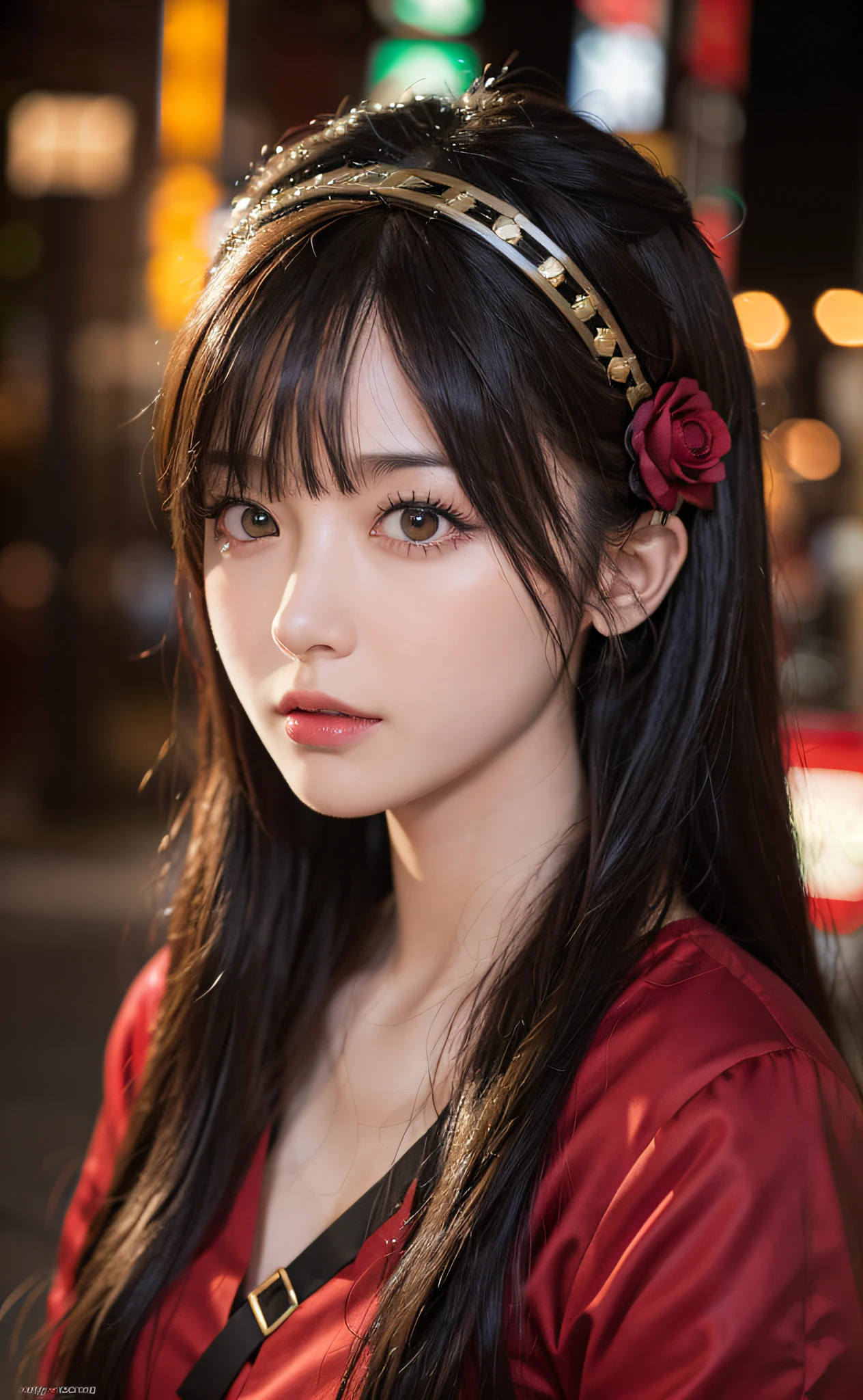 1girl, Tokyo street,night, cityscape,city lights, upper body,close-up, 8k, RAW photo, best quality, masterpiece,realistic, photo-realistic,headgear of red rose, parted bangs, long hair,