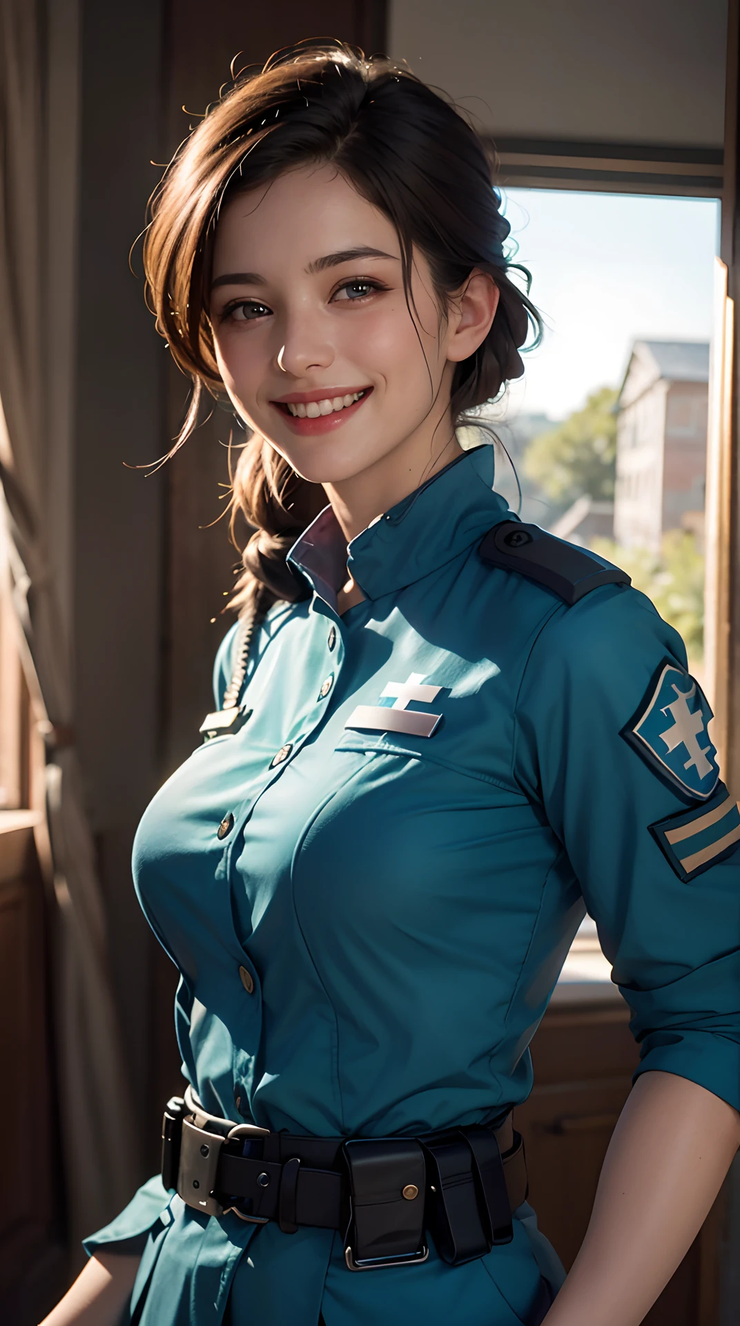 (best quality,4k,8k,highres,masterpiece:1.2), ultra-detailed, (realistic,photorealistic,photo-realistic:1.37), (beautiful detailed eyes, beautiful detailed lips, extremely detailed eyes and face), studio lighting, physically-based rendering,vivid colors, (big tits, super big tits, super extra big tits:0.8), (hips, thighs), (medic uniform:1.5), (soft lighting:0.8), (portrait, smile and laugh:1.5),
