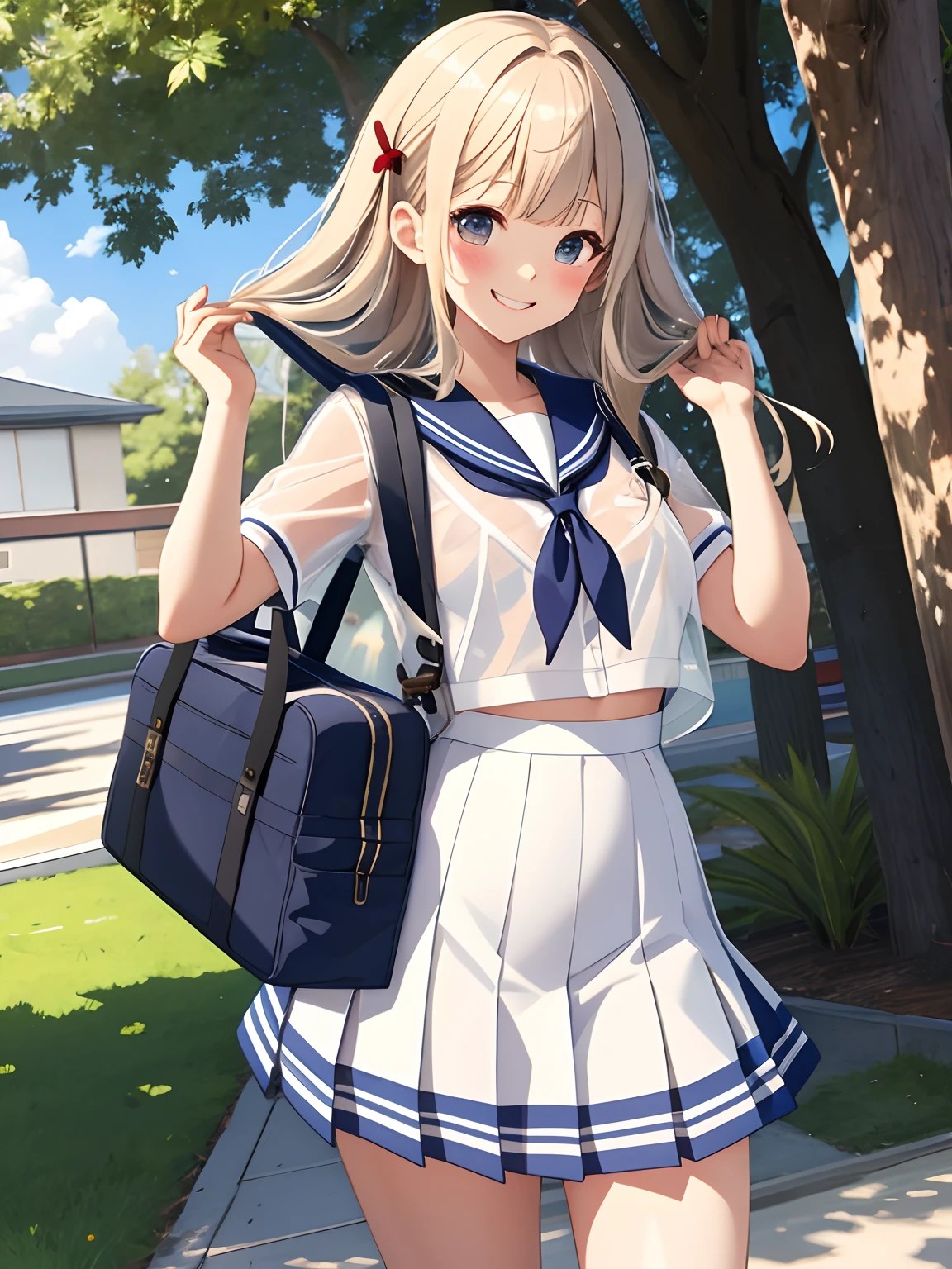 top-quality、realistic touch,Photorealistic Lighting、 Erotic sailor suit、Elementary school girls、huge smile、flushed cheeks、ruddy skin、full bodyesbian、a short skirt、slender body、Immature children、See-through costumes、Kamimei、Caucasians with blonde hair、skin tanned、Carrying a school bag on your back、Angle from above、Very short skirt