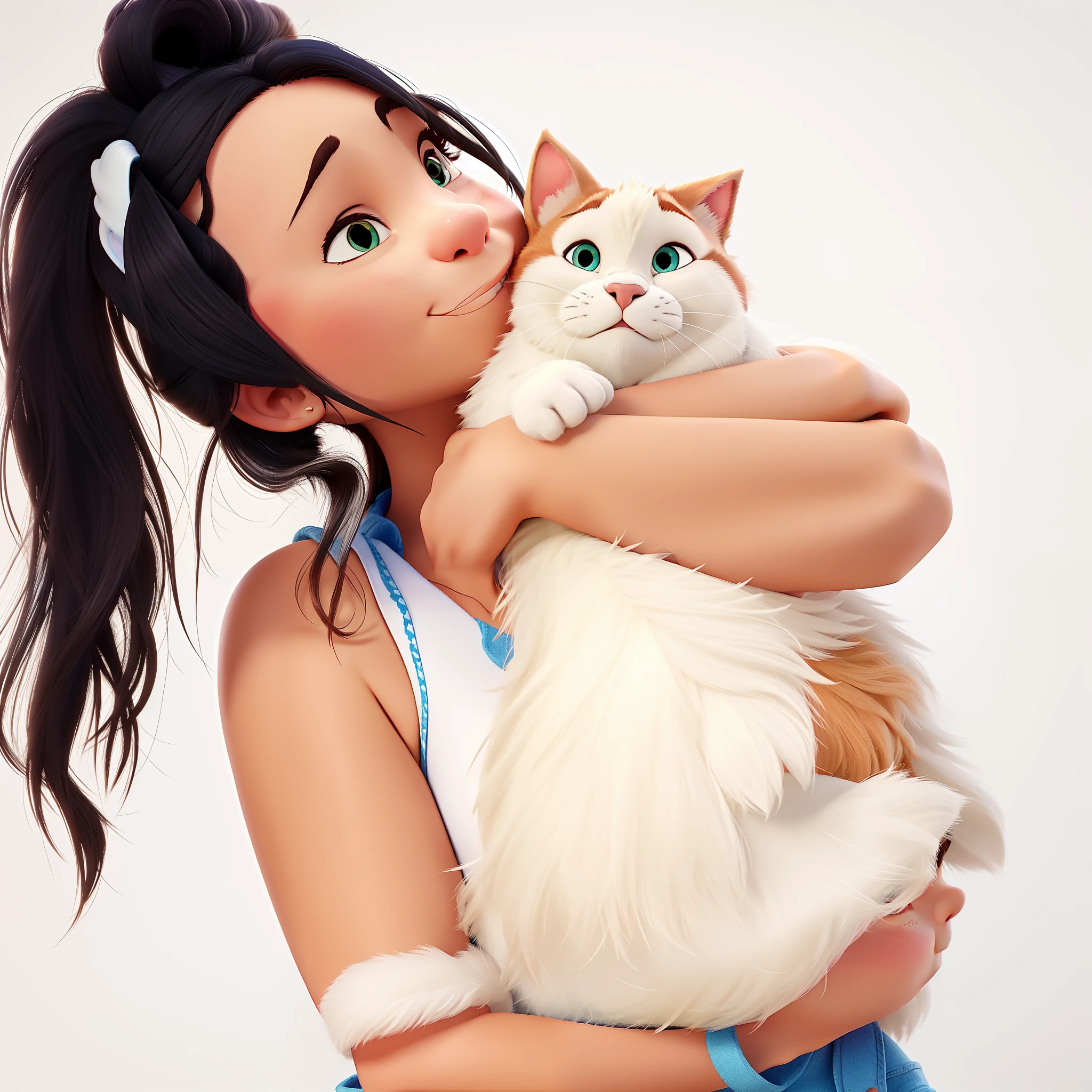 Uma linda mulher com um gato no colo estilo disney pixar, alta qualidade, Best quality