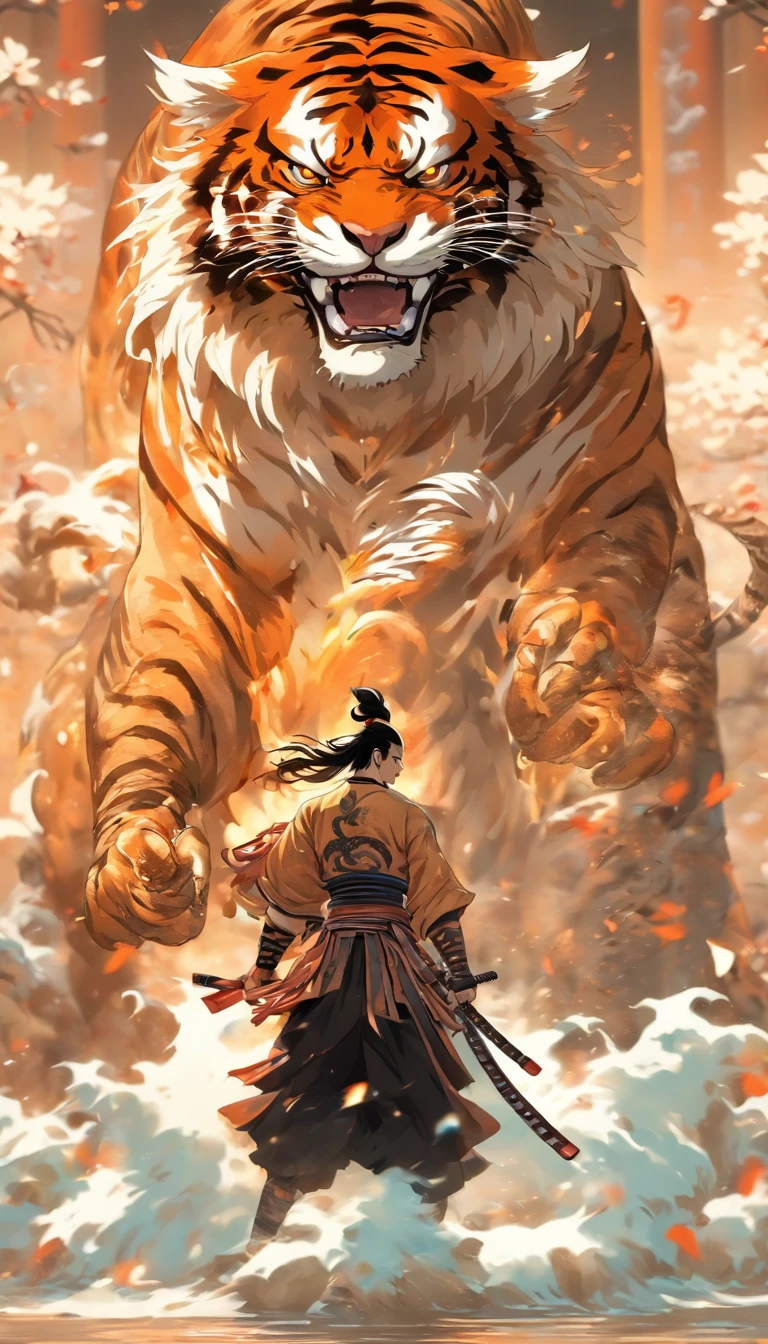estilo da porcelana,中景 the scene is,The Taoist samurai stood before a huge transparent tiger,Holding out your hands,long messy hair,efeito de brilho,hyper-realistic,Ultra foto Realsisim,Chinese black and white ink style,prata,Discoloration,mancha,Inky,8k,super-fino,Alta Quaridade,renderizador OC