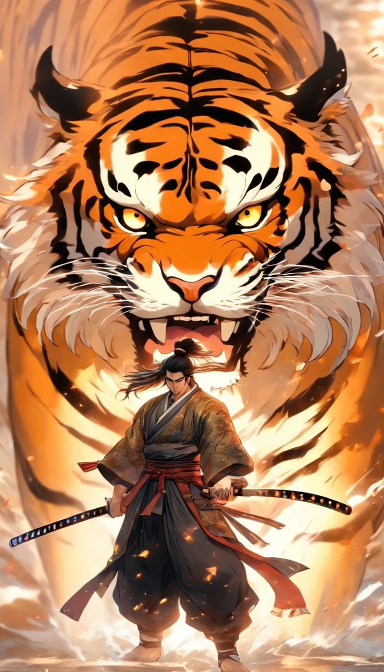 estilo da porcelana,中景 the scene is,The Taoist samurai stood before a huge transparent tiger,Holding out your hands,long messy hair,efeito de brilho,hyper-realistic,Ultra foto Realsisim,Chinese black and white ink style,prata,Discoloration,mancha,Inky,8k,super-fino,Alta Quaridade,renderizador OC
