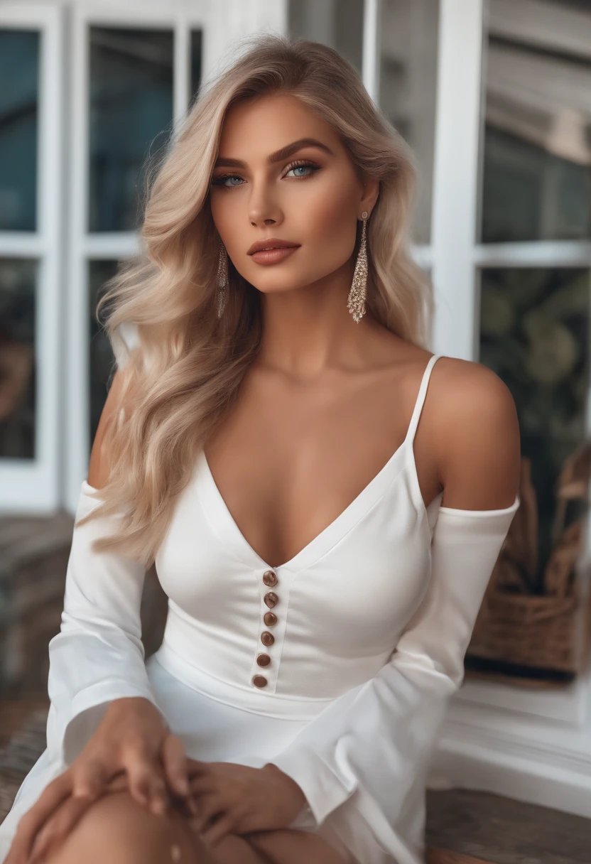 realistic white female instagram influencer, best quality, blonde, 1 girl, blue eyes, in white tight short dress