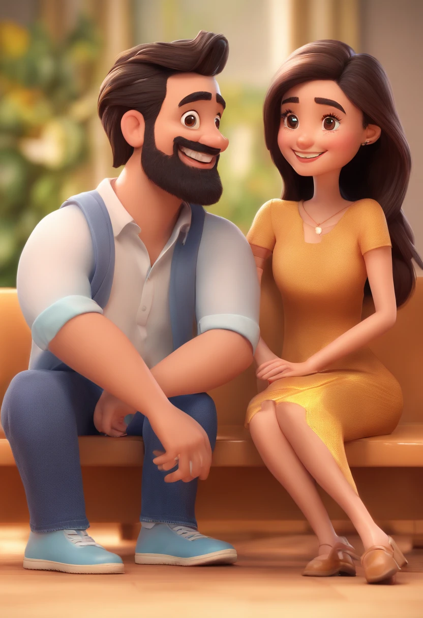 An illustration of an adorable couple, destacando um homem e uma mulher com bonito, Expressive eyes - the man's skin is white and the man's hair is straight and black, while the woman's skin is black and the woman's hair is straight and brown. They are a bright room, cada um com um sorriso no rosto, e compartilhar um momento especial caracterizado pelo amor, Insights. Illustrate this scene from a perspective where they are facing the camera, Smiling and Showing Your Connection. Desenvolva esta arte em Full HD, Focus on your cinematic touch, Estilo Disney Pixar Animations
