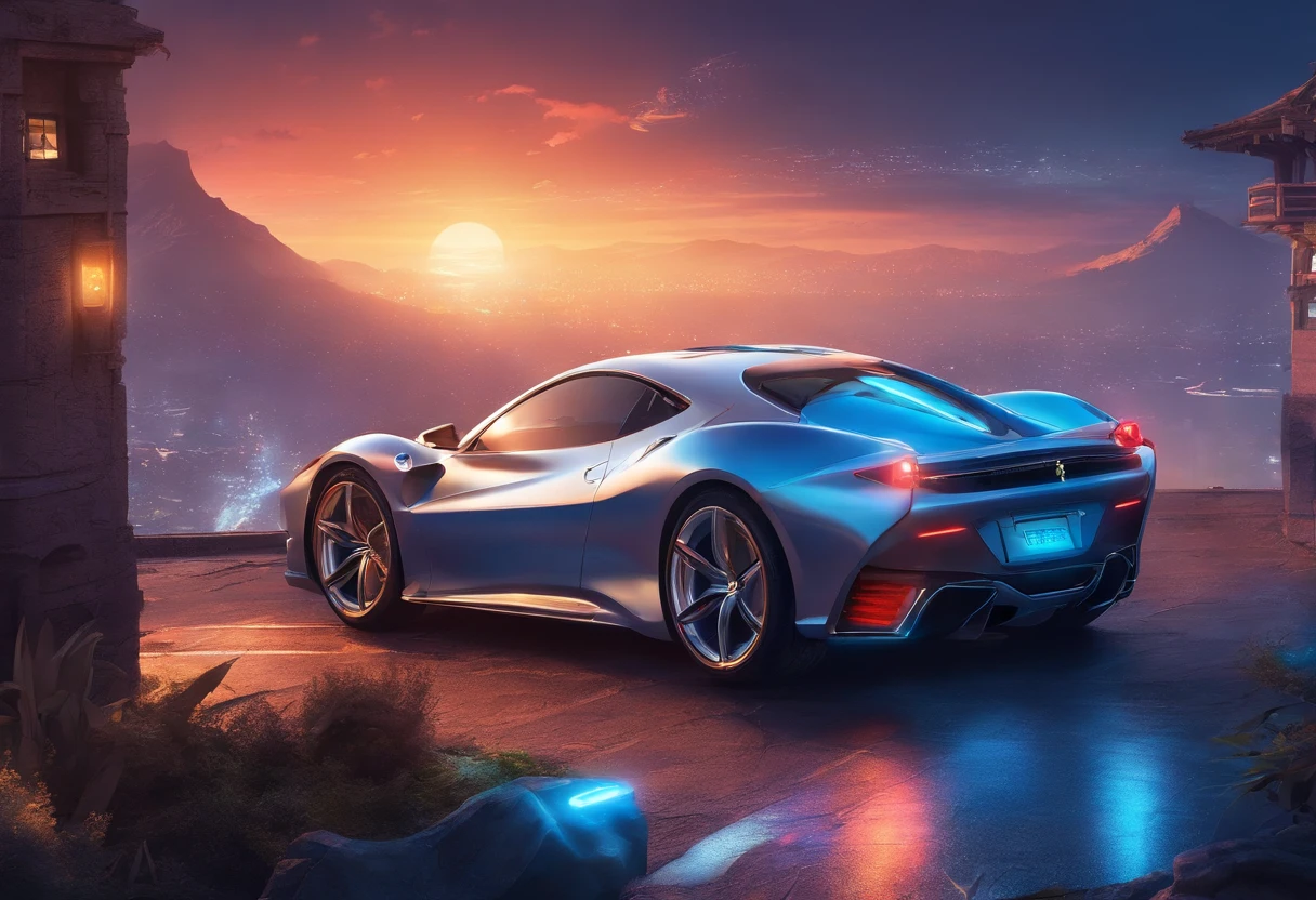 (Best Quality, 8K, masutepiece :1.2), Hyper realistic, Cyberpunk, in mountain, Details of Ferrari 512 White, Speeding on the highway, (Facing the audience), Blue skyscrapers on background, At night,