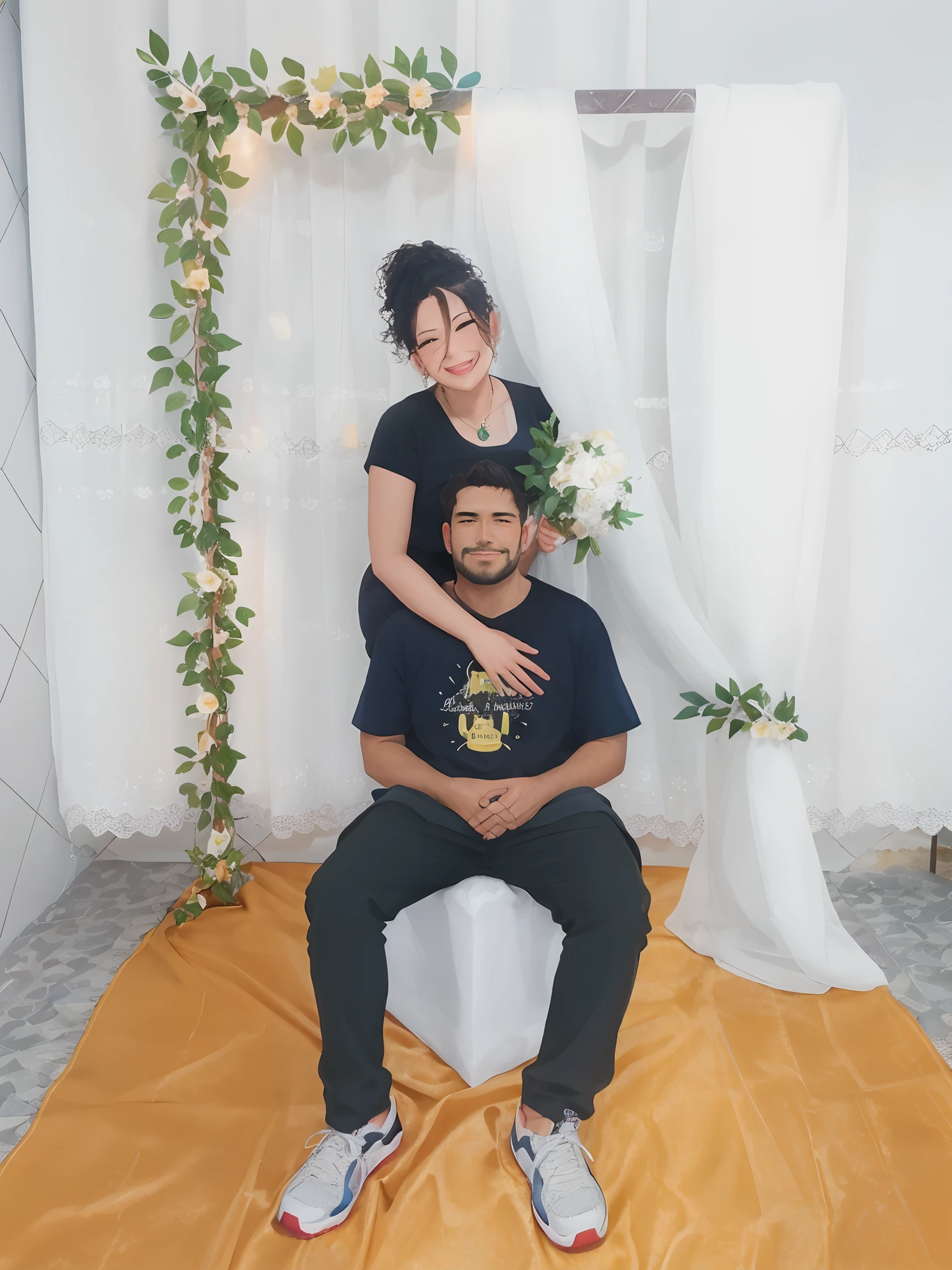 There is a man and a woman sitting on a bed together, retrato de casais, Casal feliz, Lovely couple, photo shoot, Photo Session, imagem de perfil, retrato de casal, foto do casamento, pose de casal, Fotografia tirada em 2 0 2 0, they are in love, ombro na frente pose, foto retrato, Nilo, background is celestial, imagem de qualidade muito baixa