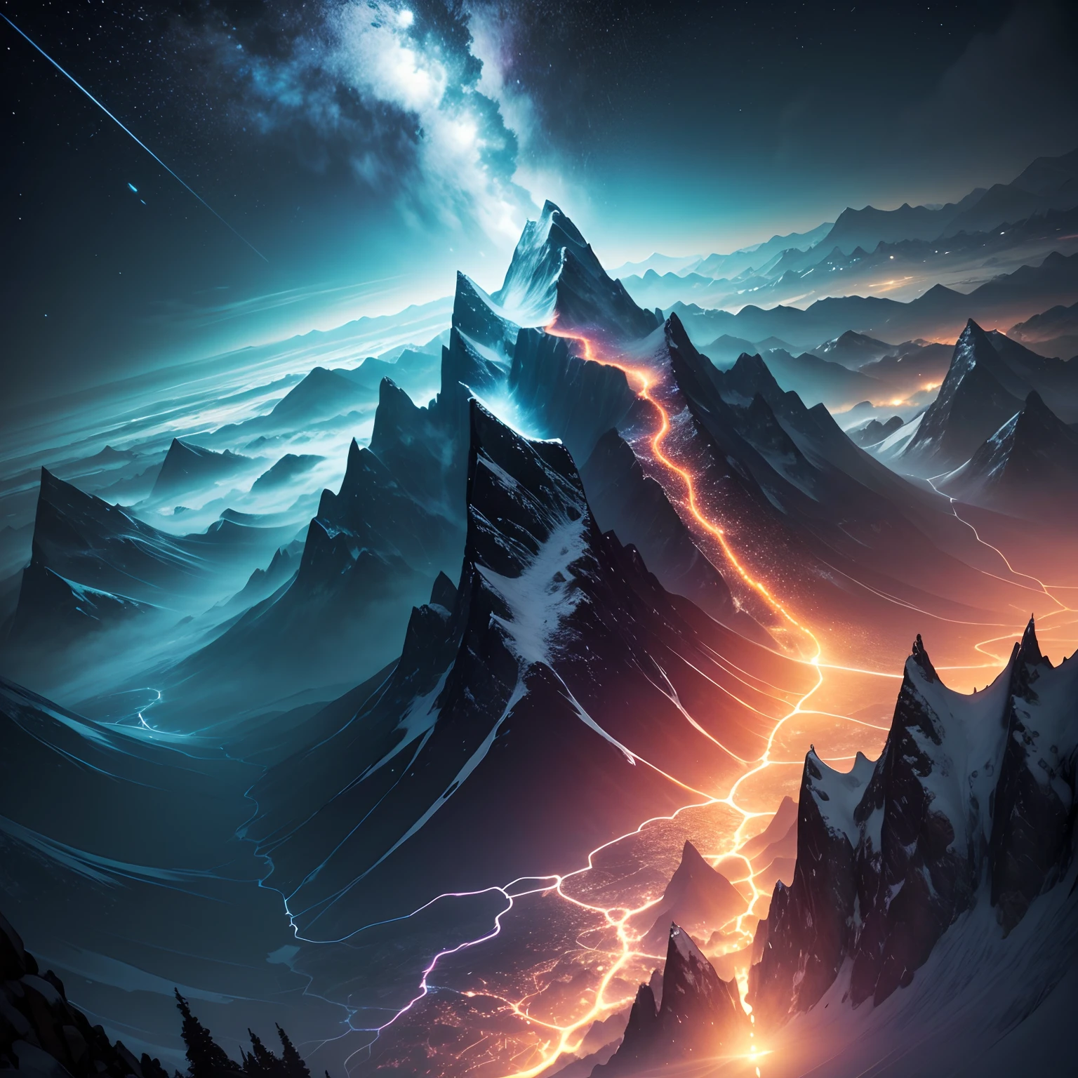 the night，extreme light，mountain ranges