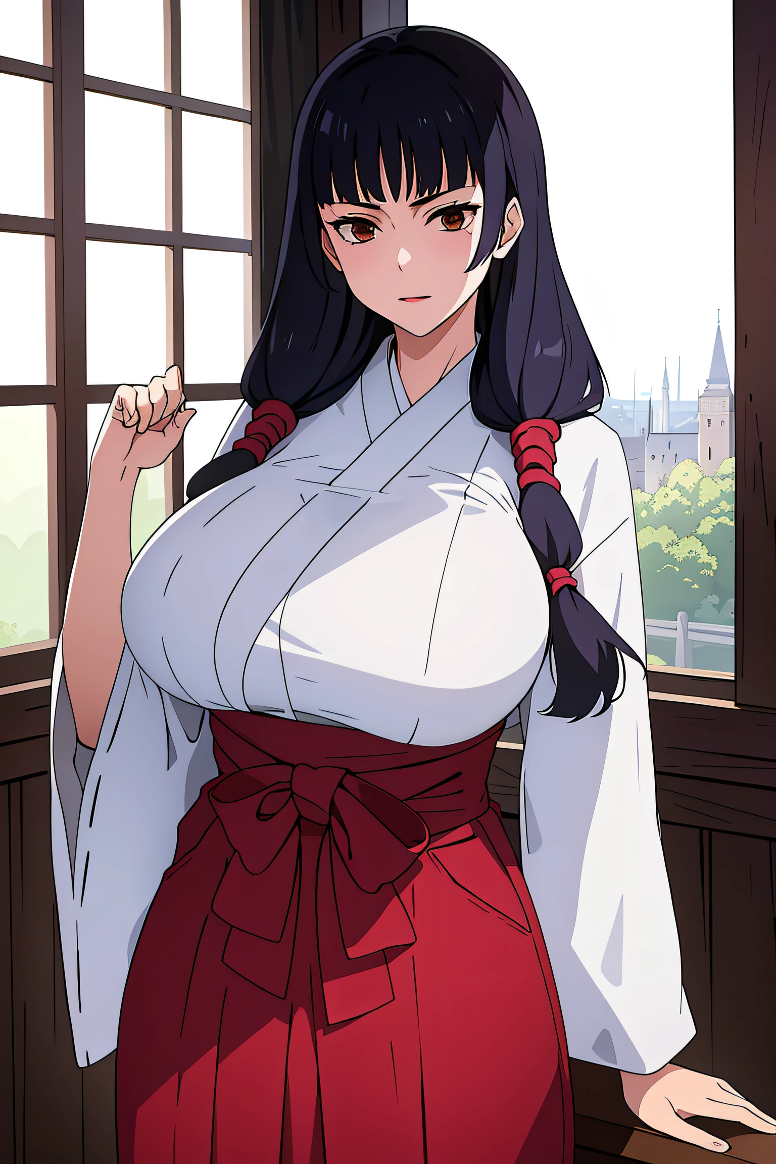 masterpiece, ((ultra detailed background, delicate pattern, intricate detail)), (highly detailed, fine details), best quality, beautiful lighting, ((huge breasts, slim girl)), Utahime, 1girl, solo, black hair, long hair, brown eyes, japanese clothes, twintails, miko, blunt bangs, red hakama, complex detailed background, inside, castle room environment, medieval castle, gray walls, window, bookshelf, (cowboy shot),