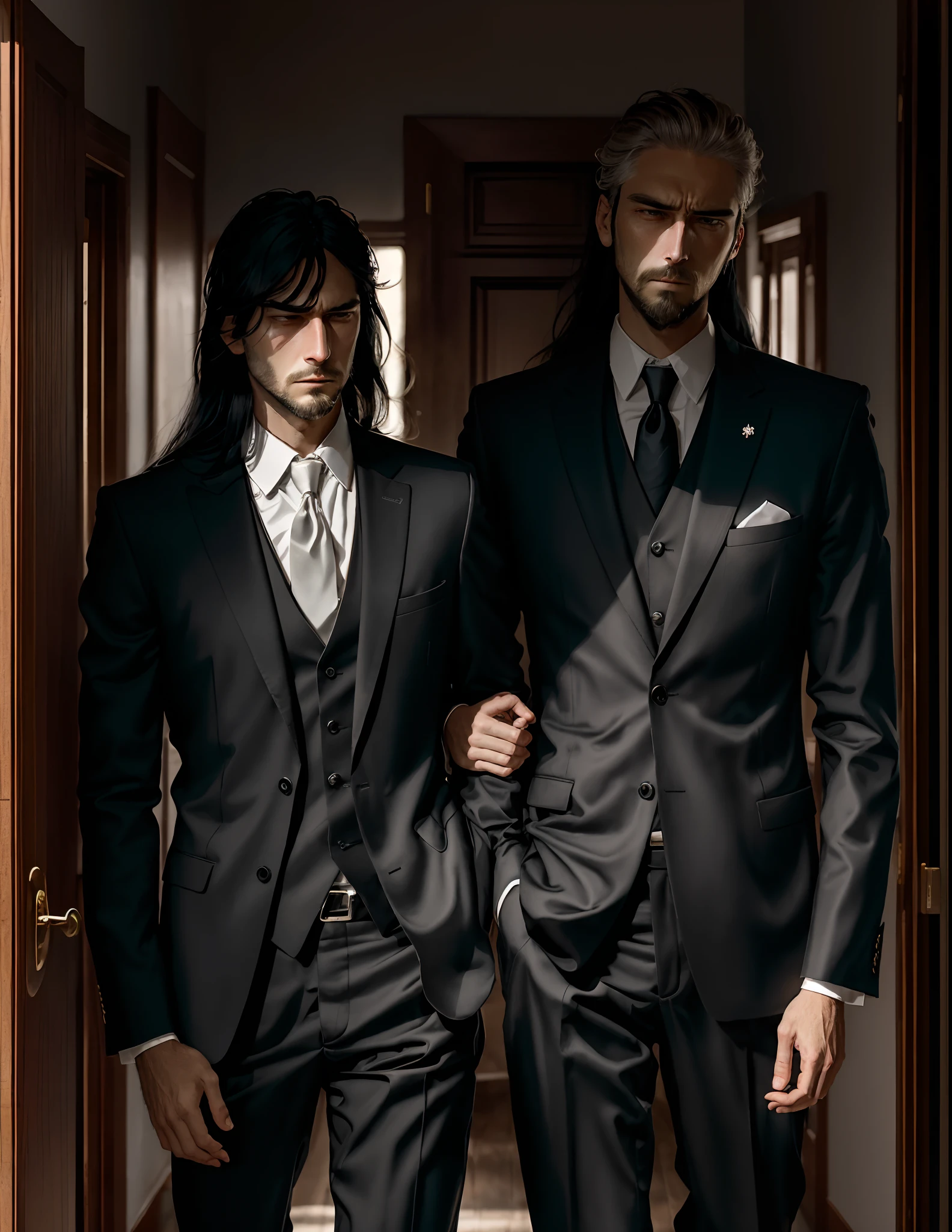 A tall man dressed in long black suit, dead pale skin cold expression, devilish eyes, depressed and tired with a long black hair and short beard with a mature face