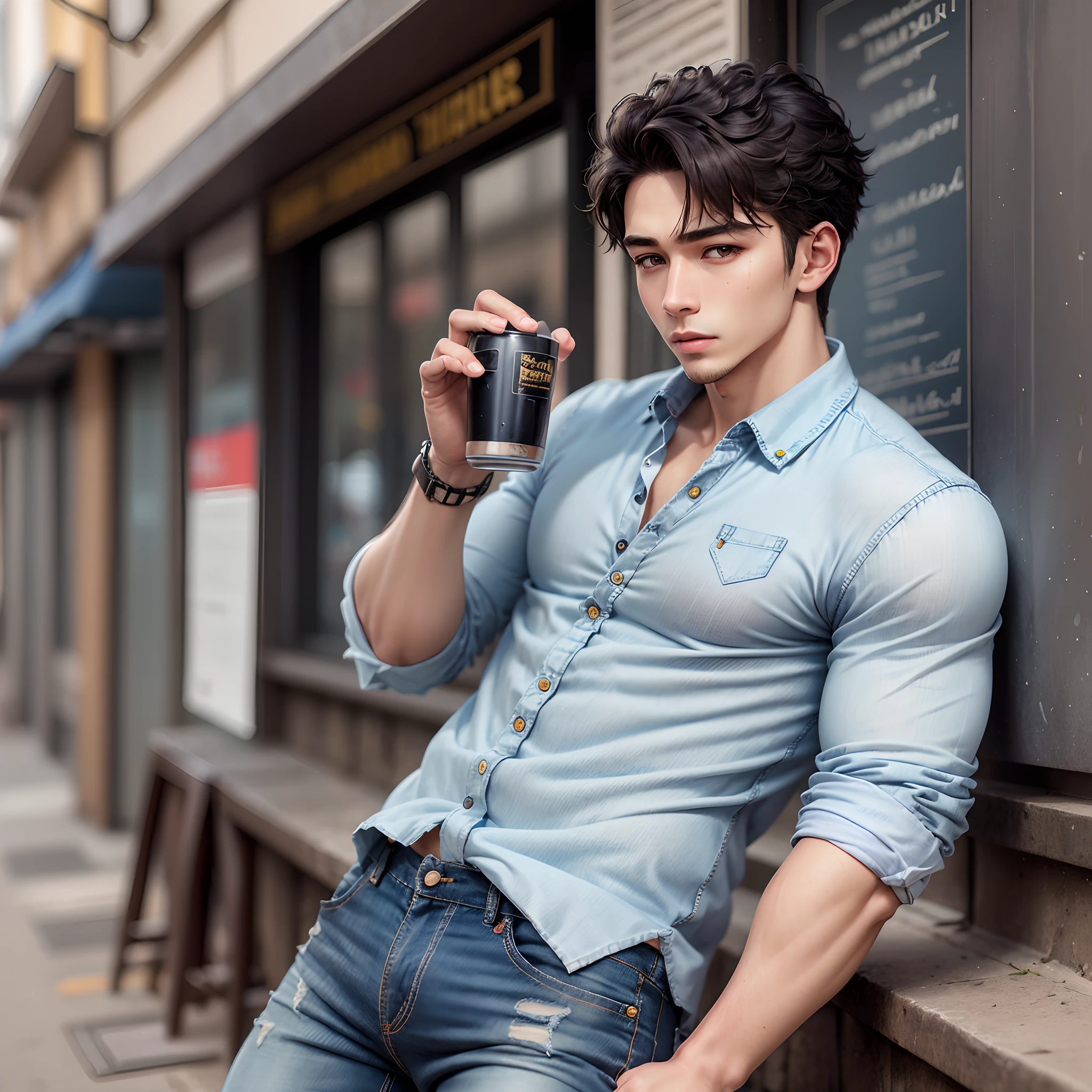 Smat handsome boy gray jeans black and blue white shirt --auto --s2