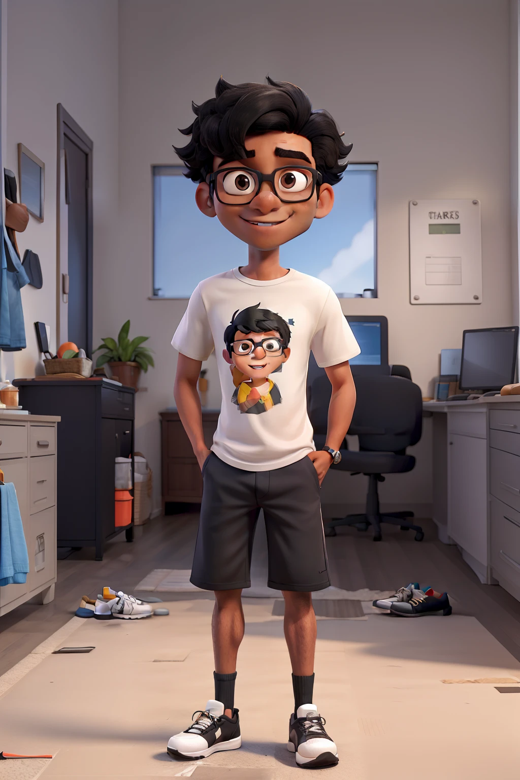 An adult with black hair and glasses in shorts and a t-shirt and sneakers