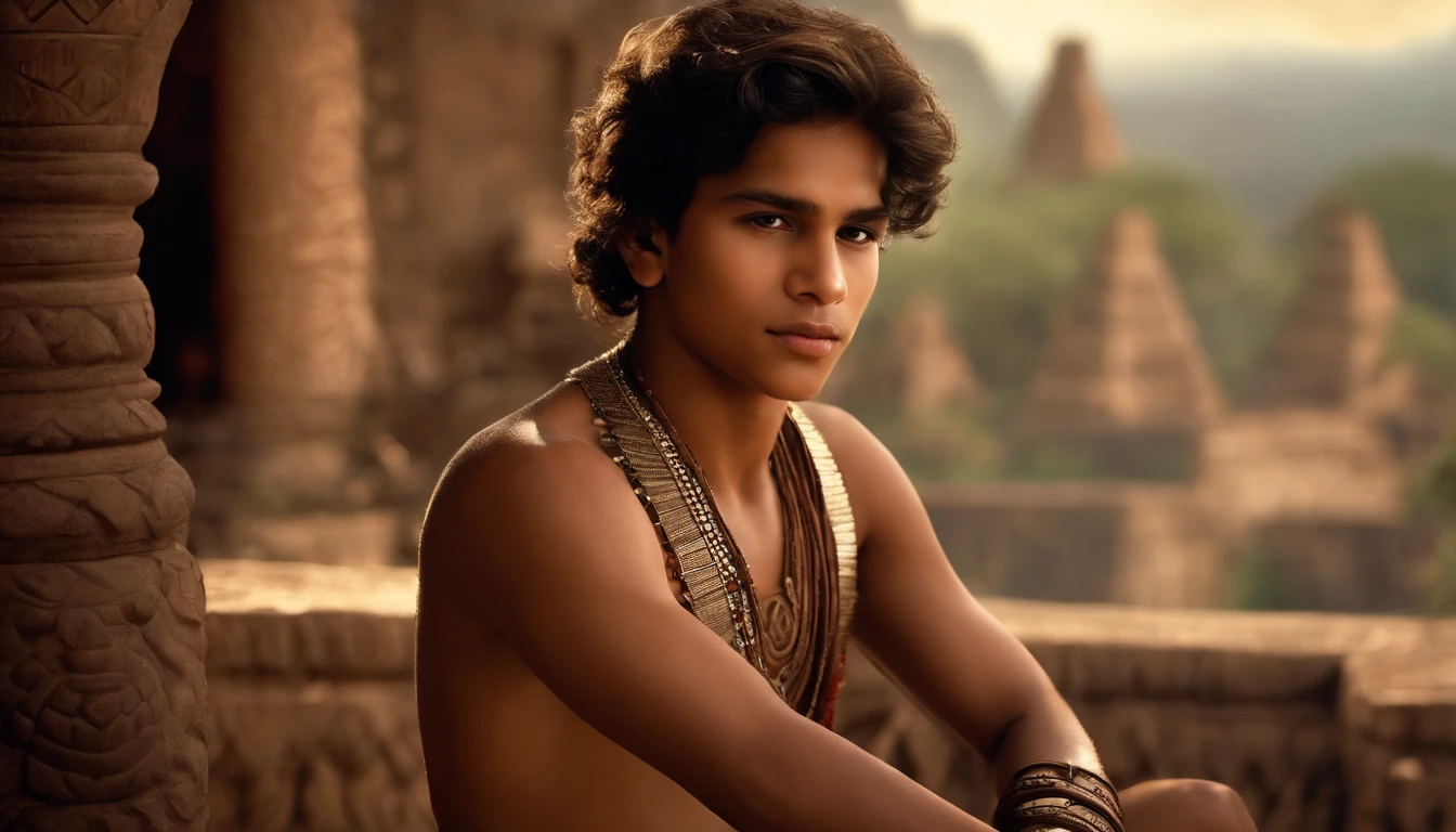 Create a photorealistic image of a handsome 18-year-old Mayan-Indian boy, dressed in the attire of that era, seating against the backdrop of an ancient Mayan city. We can see his beautiful naked lags, he sits un a seductive position. Masterpiece, Best Quality, Film Stills, Realistic, (Masterpiece, Top Quality, Best Quality, Official Art,),