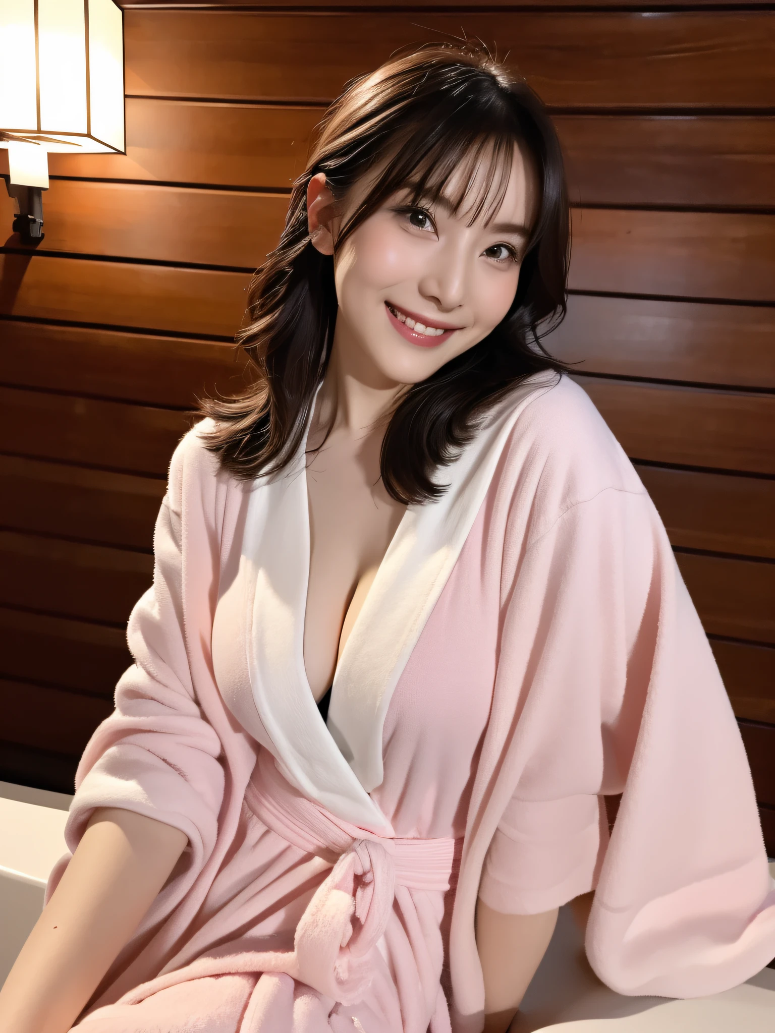 Superb quality, masutepiece, High resolution, blush, (Seductive smile: 0.8), Light Edge, Two-tone lighting, (High Detail Skin: 1.2), 8K UHD, Digital SLR, Soft light, High quality, Volume Lighting, candid picture, High resolution, 4K, 8K, Background bokeh,hot onsen,outdoor bath,Gravure photography,bathrobe,huge tit